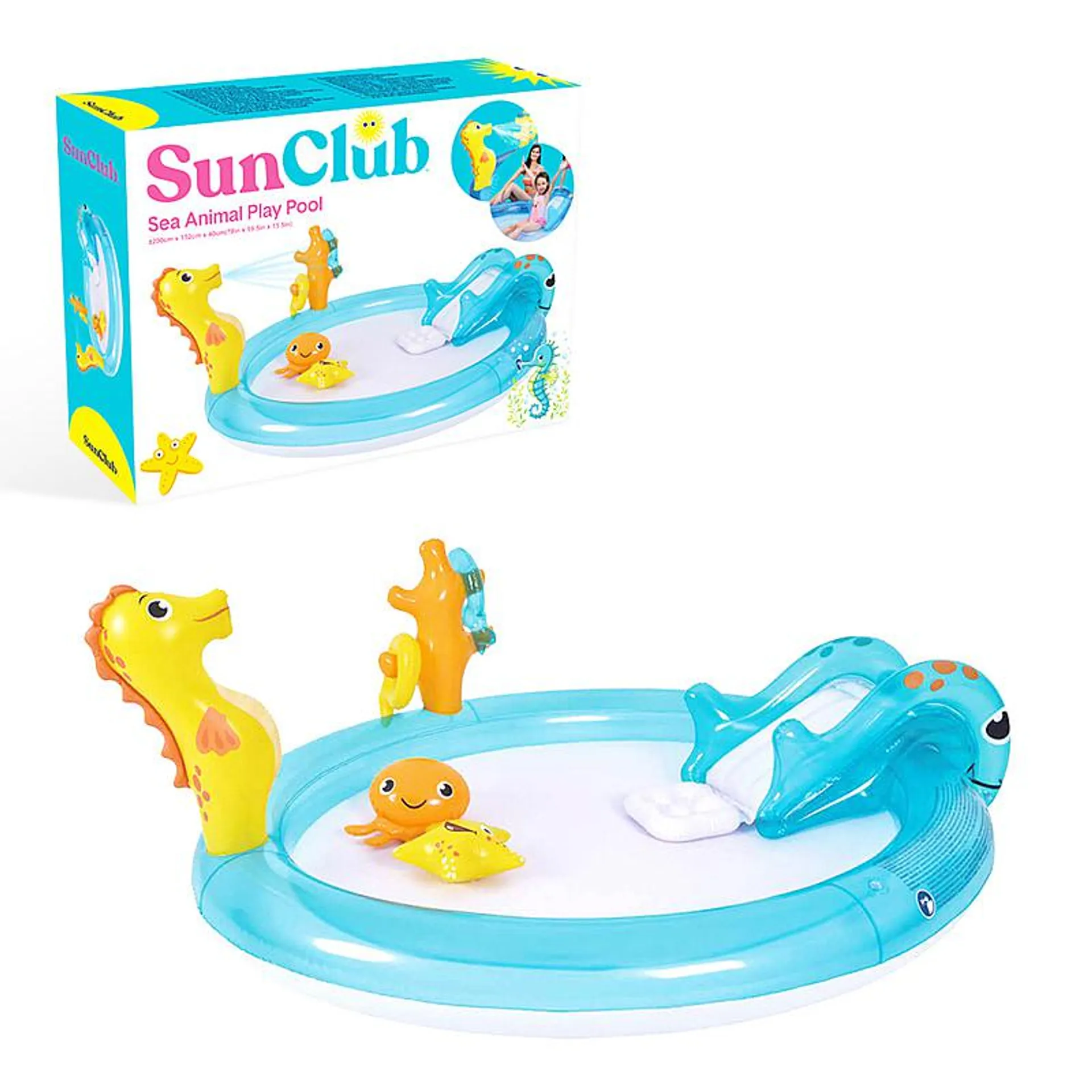 Sun Club 2M Sea Animal Play Pool with Water Spray, Ring Toss, Toys and Paddling Pool with Slide and Easy to Inflate