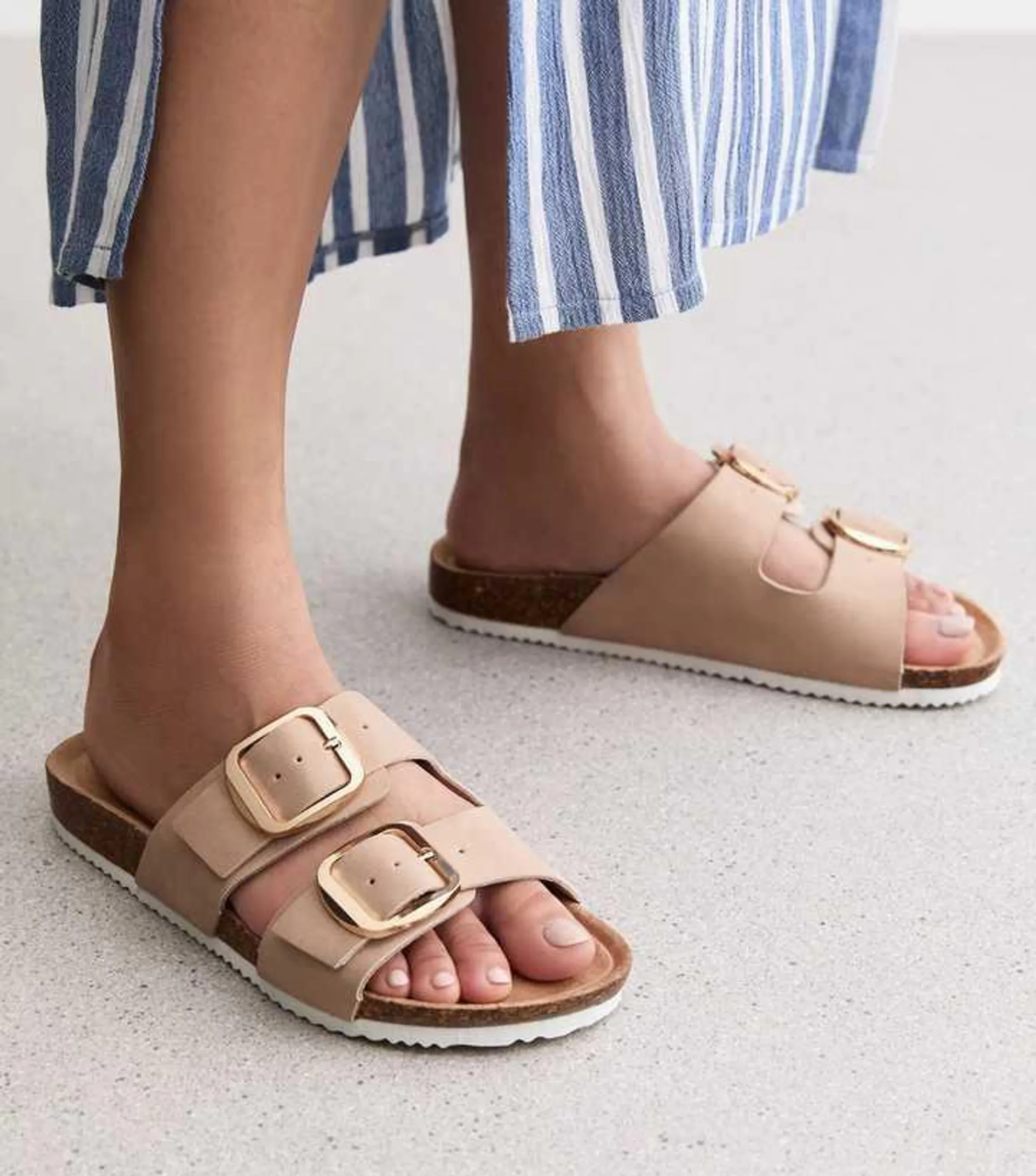 Light Brown Suedette Buckle-Strap Sliders