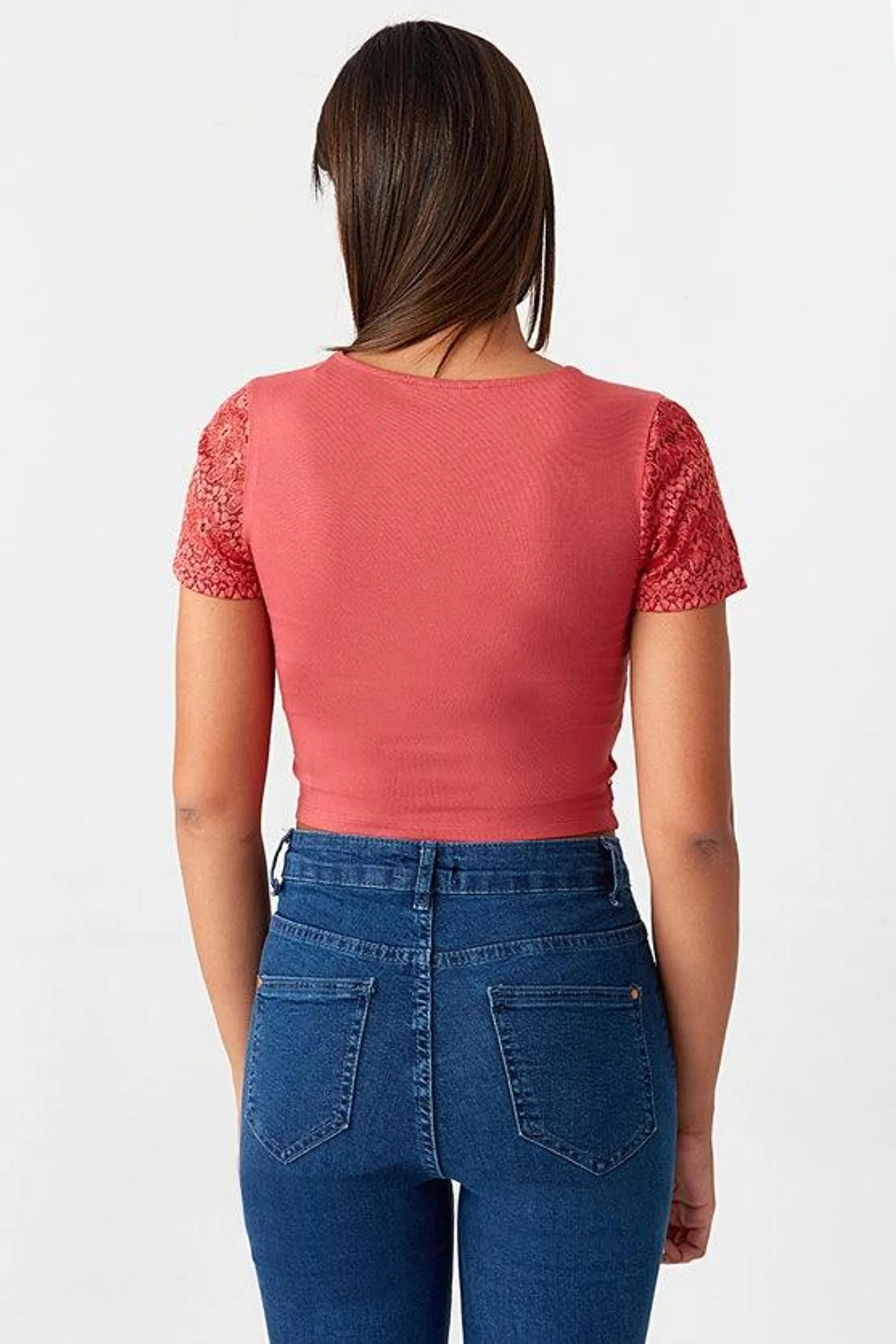 DARK CORAL LADDER STITCH V NECK CROP TOP