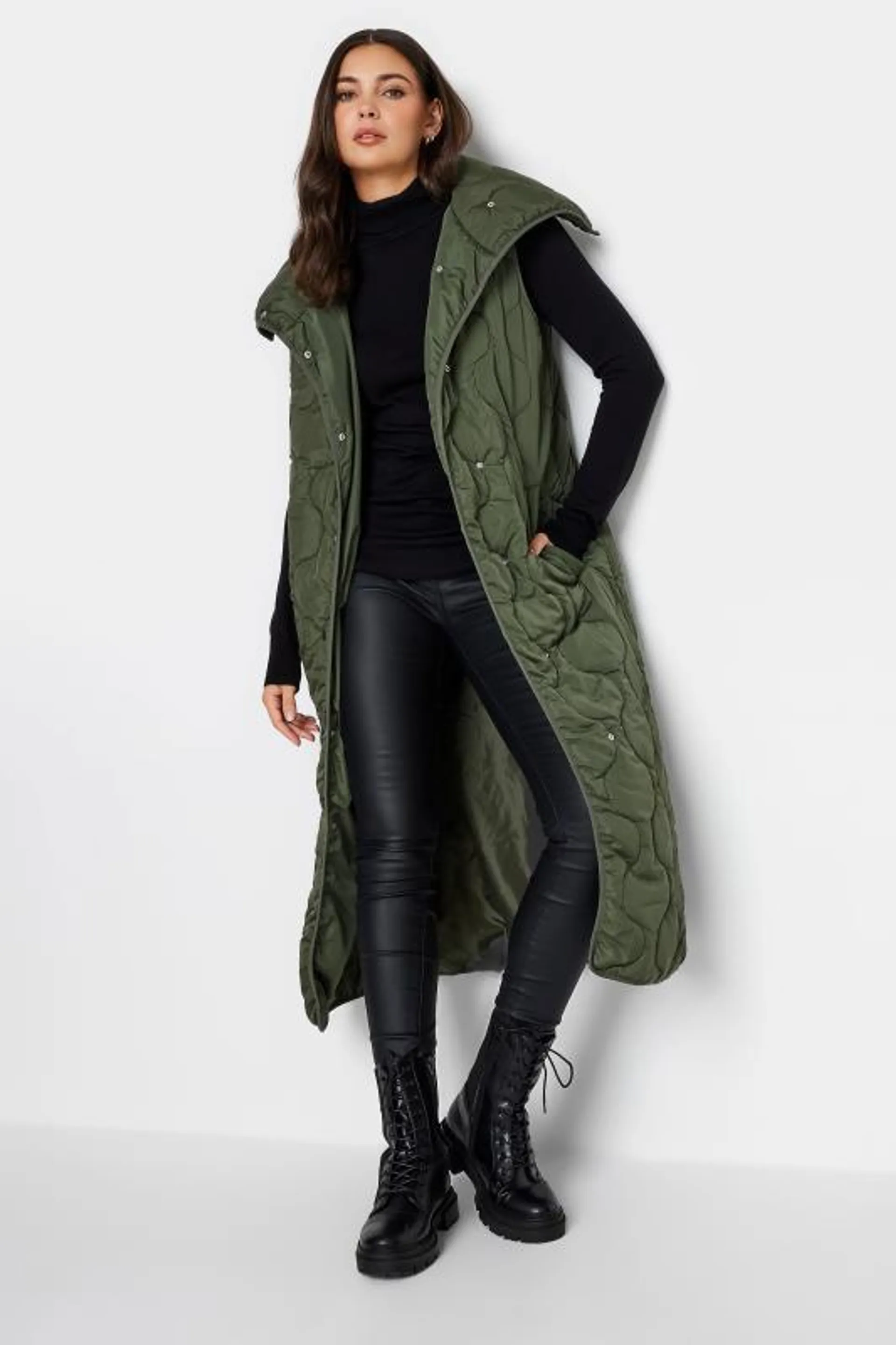 LTS Tall Olive Green Funnel Neck Quilted Longline Gilet