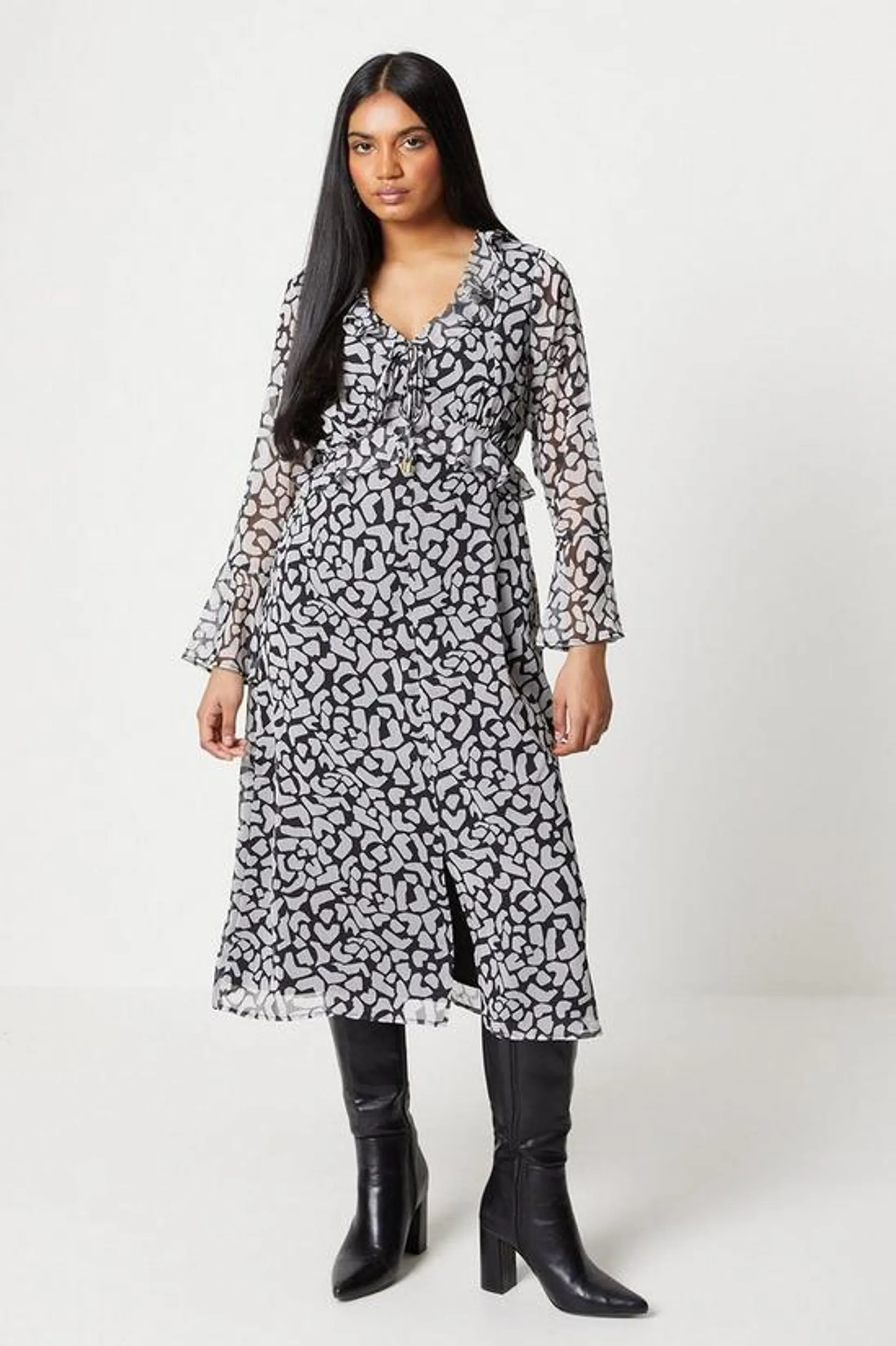 Petite Abstract Tie Detail Midi Dress