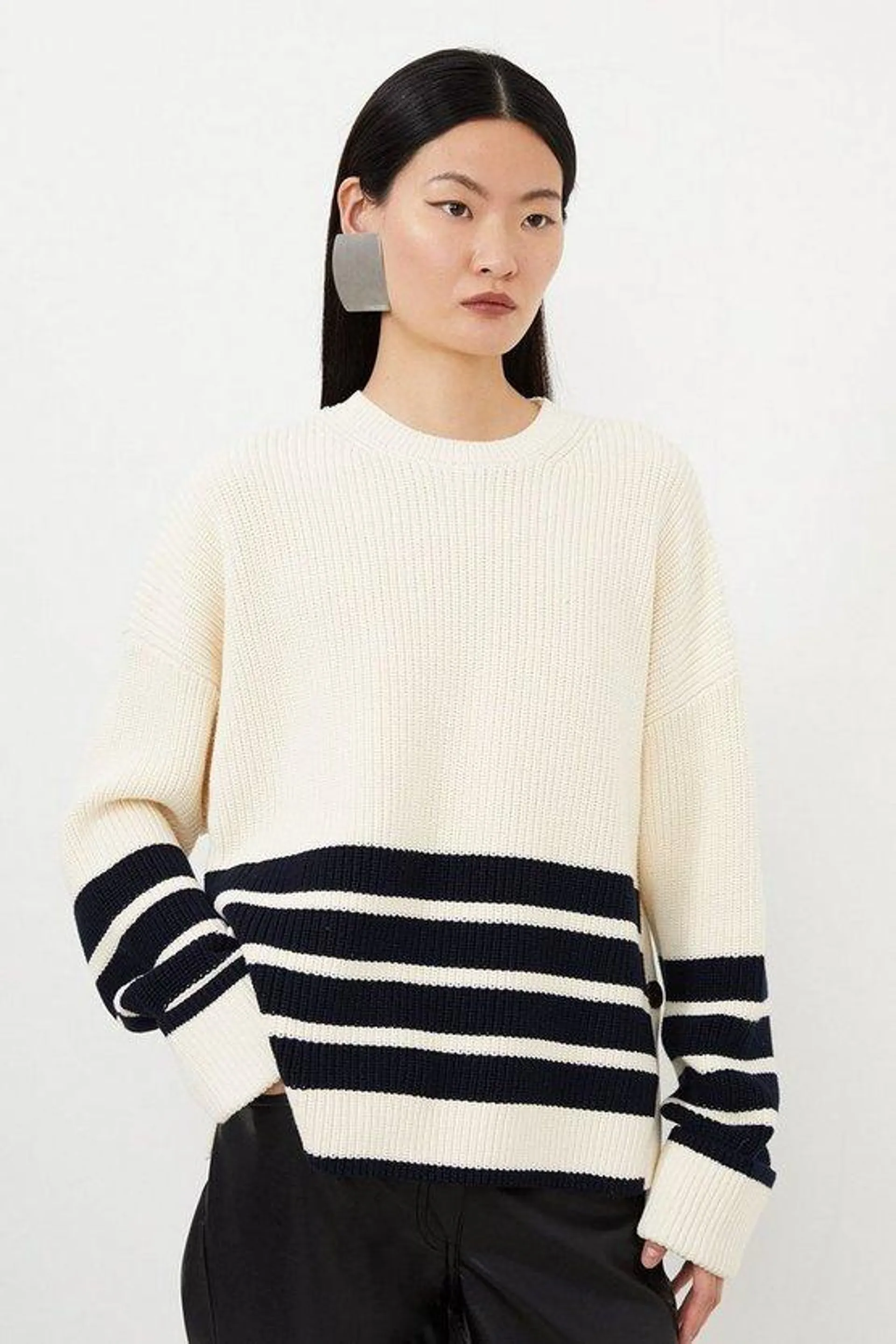 Cotton Knit Relaxed Stripe Jumper With Buttoned Splits