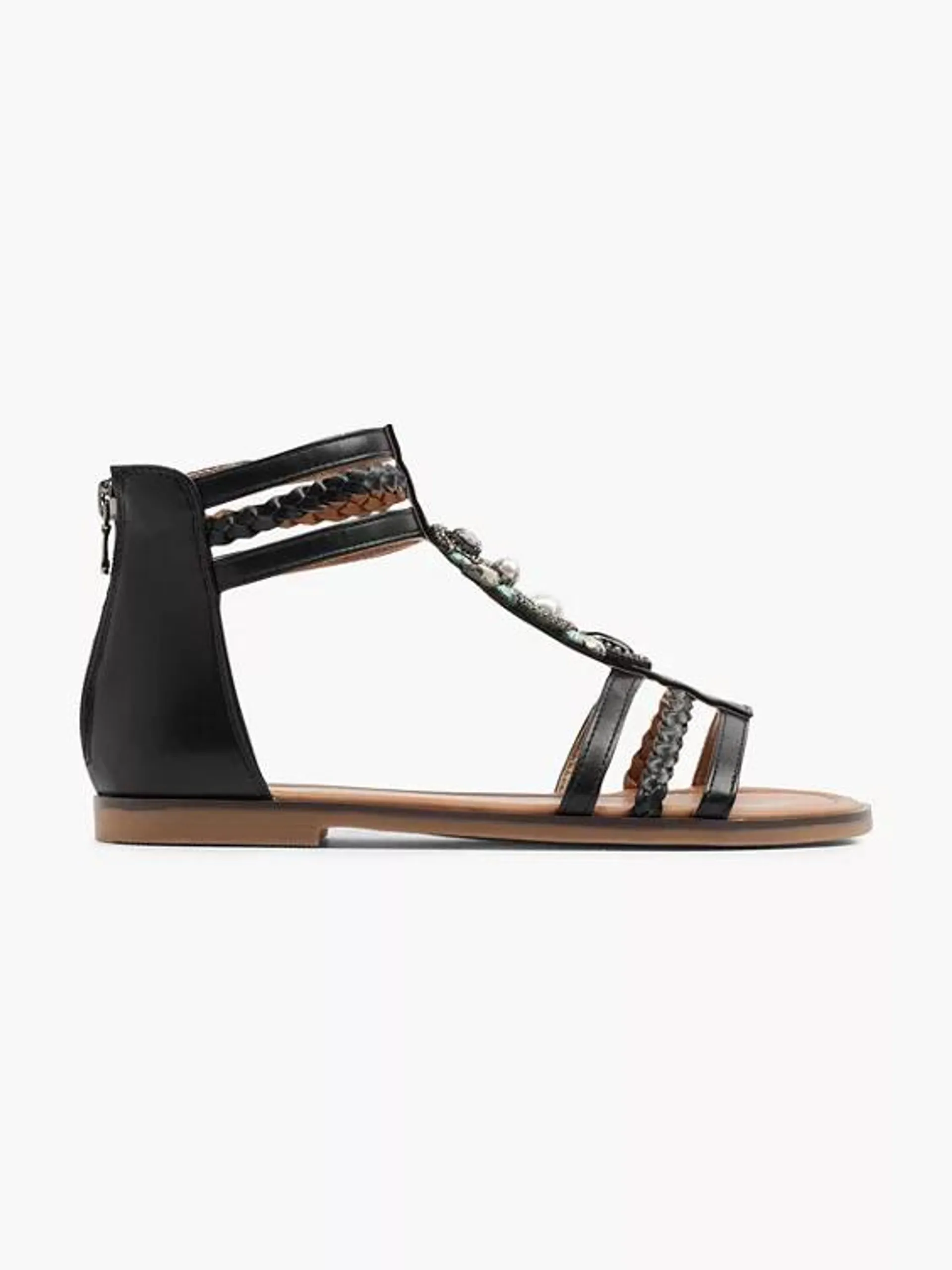 Black Braided Sandal with Ankle Strap and Gem Detail