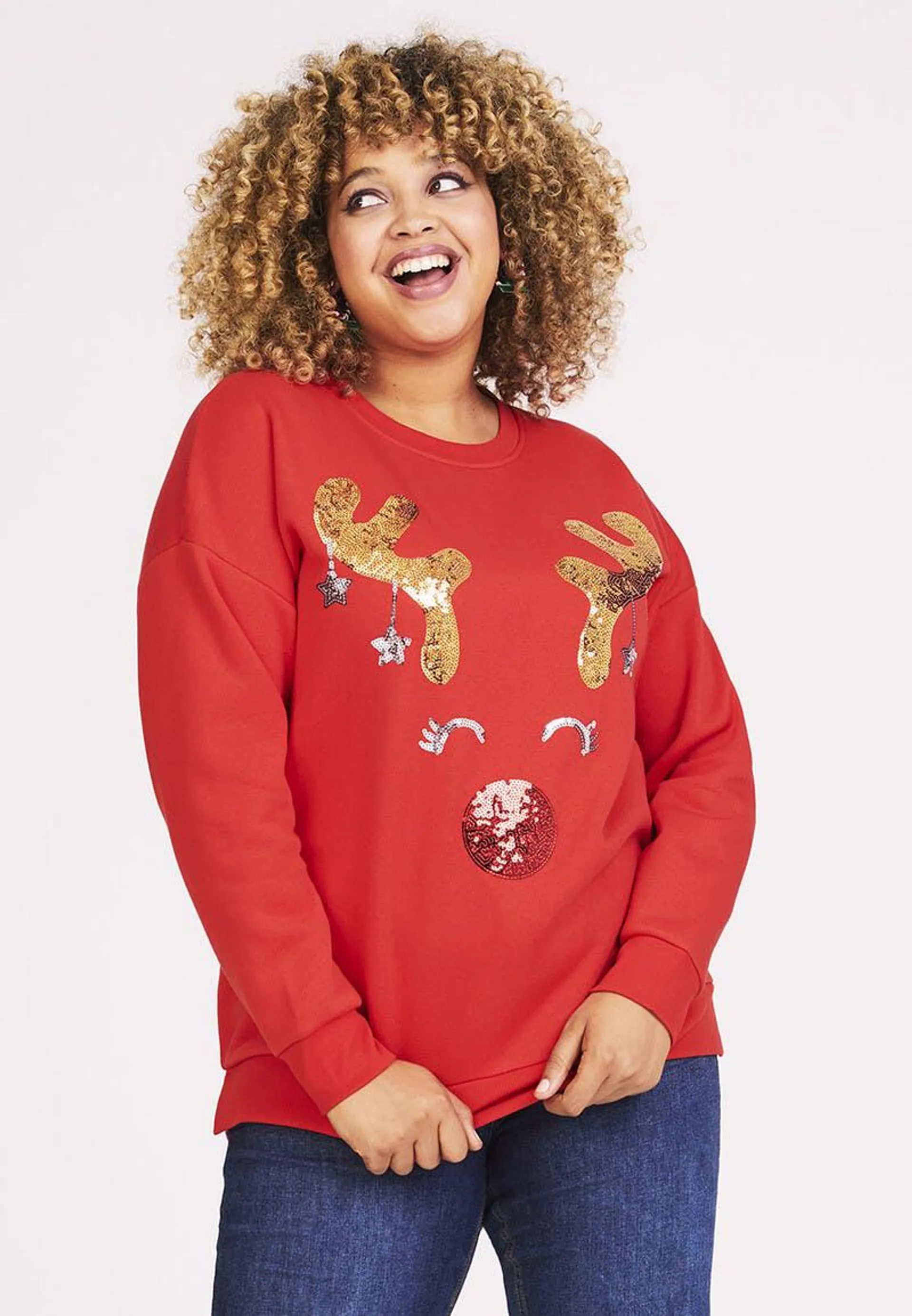 Womens Red Sequin Reindeer Christmas Sweater