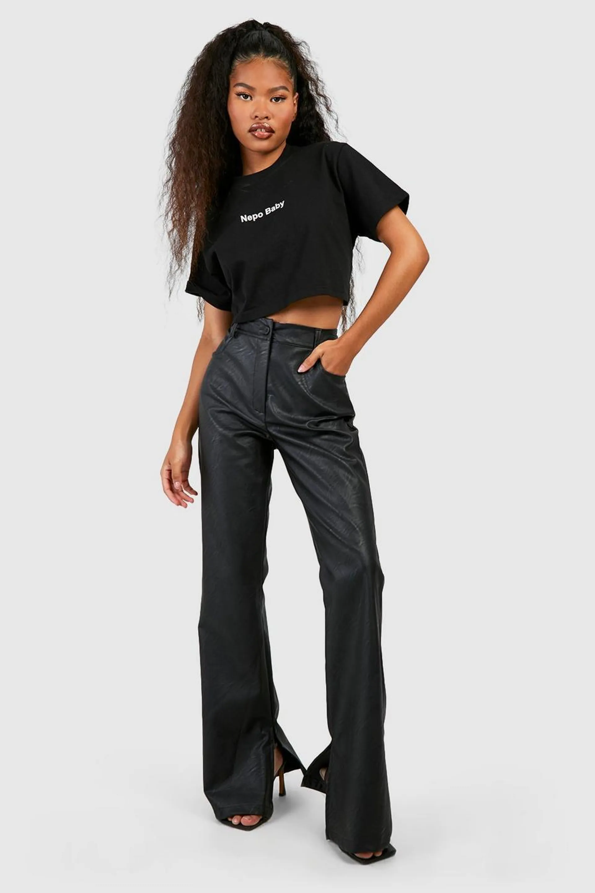 Leather Look Split Hem Straight Fit Trousers