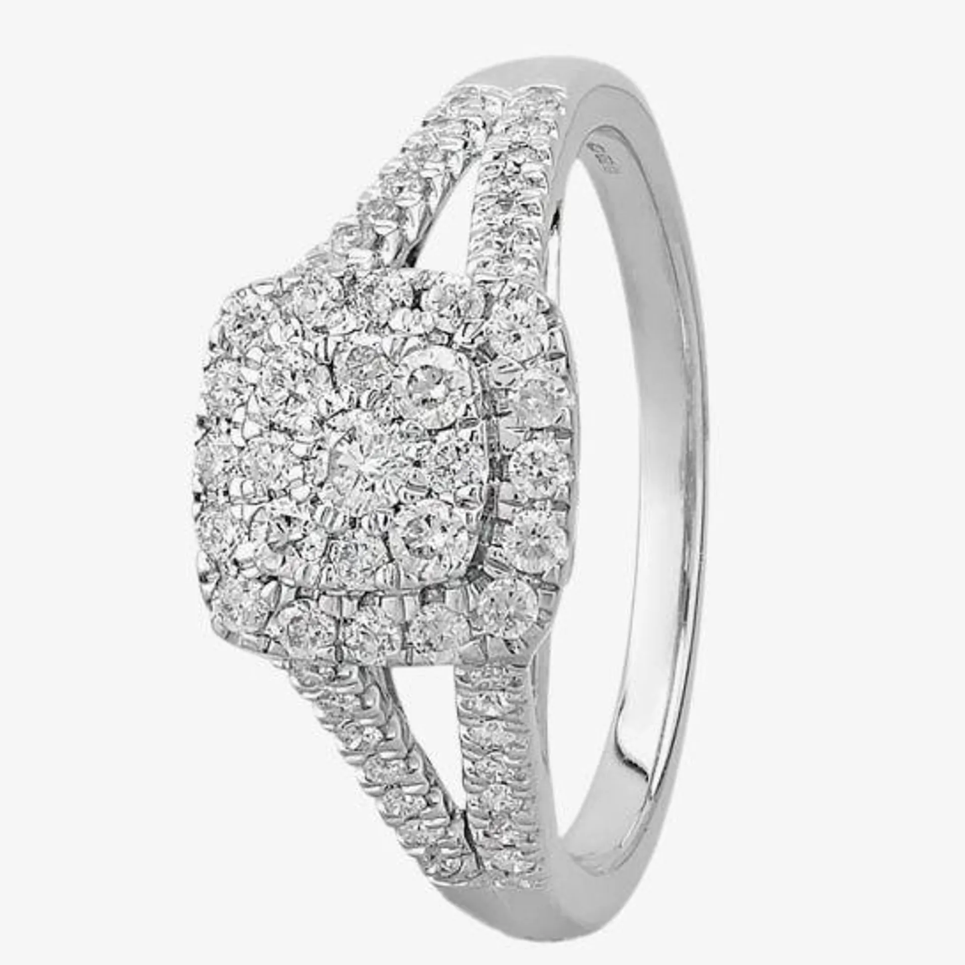 9ct White Gold 0.50ct Diamond Split Shouldered Square Cluster Ring