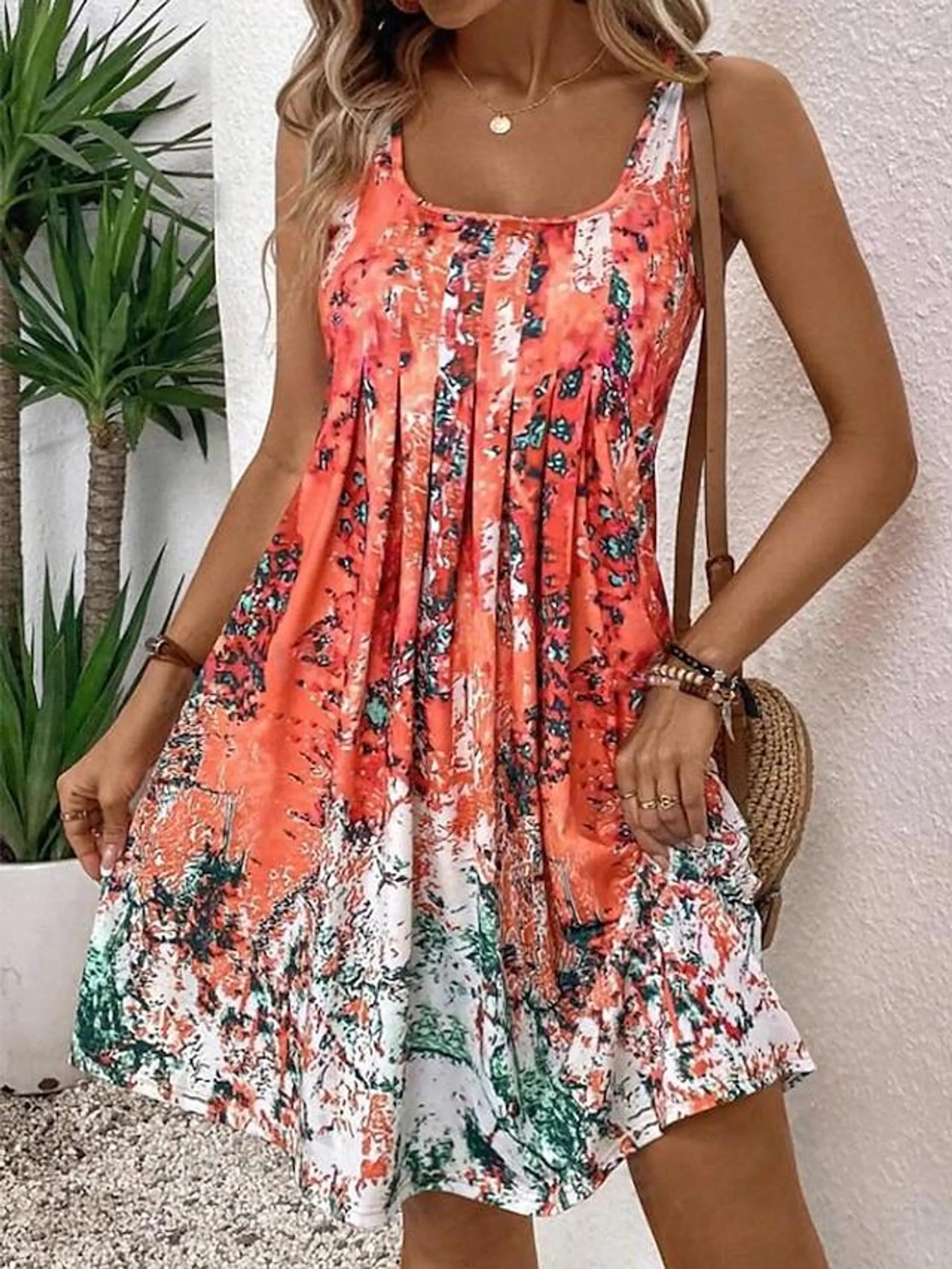 Women's Tank Dress Tie Dye Pleated Square Neck Mini Dress Stylish Casual Daily Vacation Sleeveless Summer