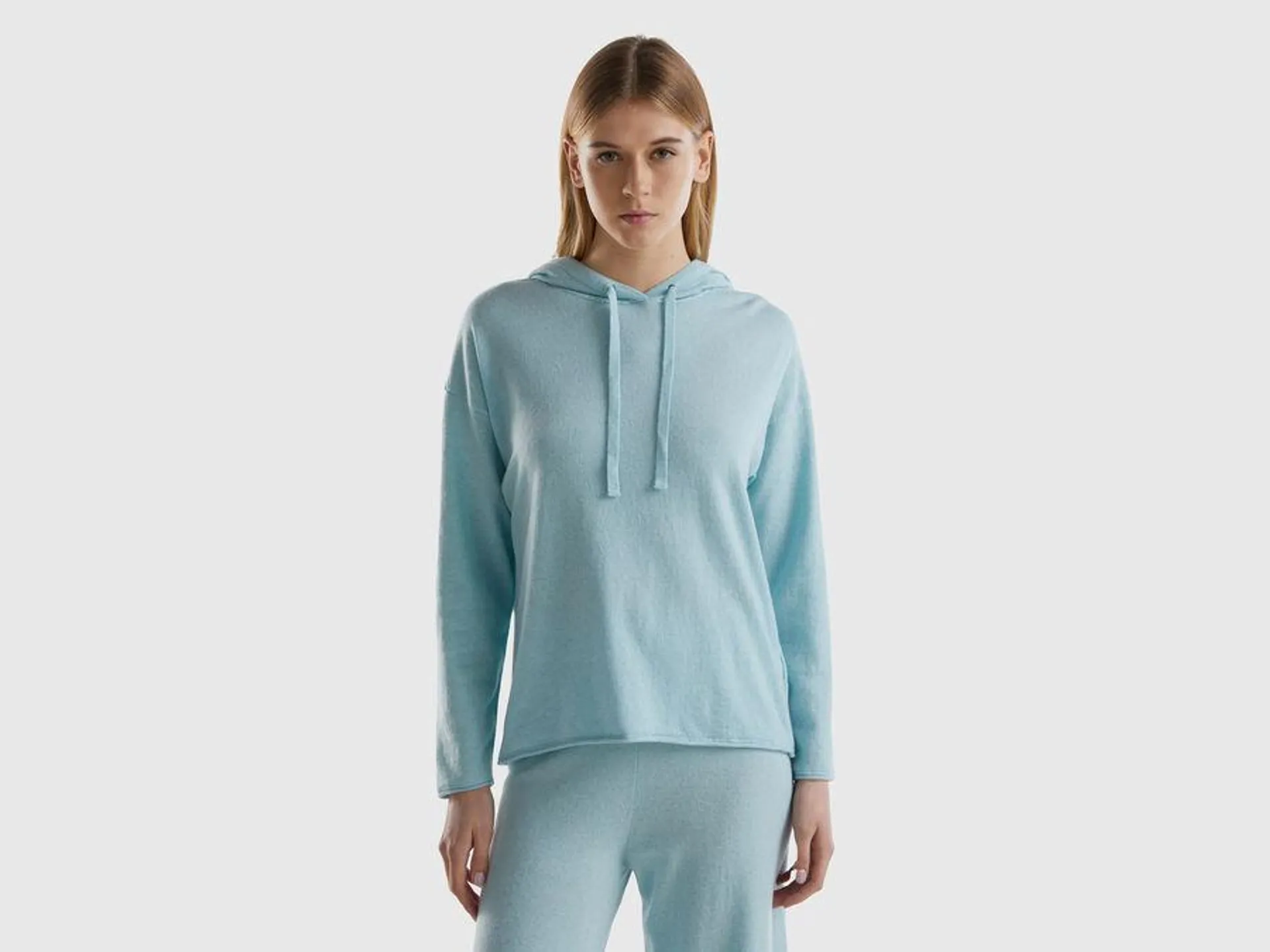 Aqua cashmere blend sweater with hood