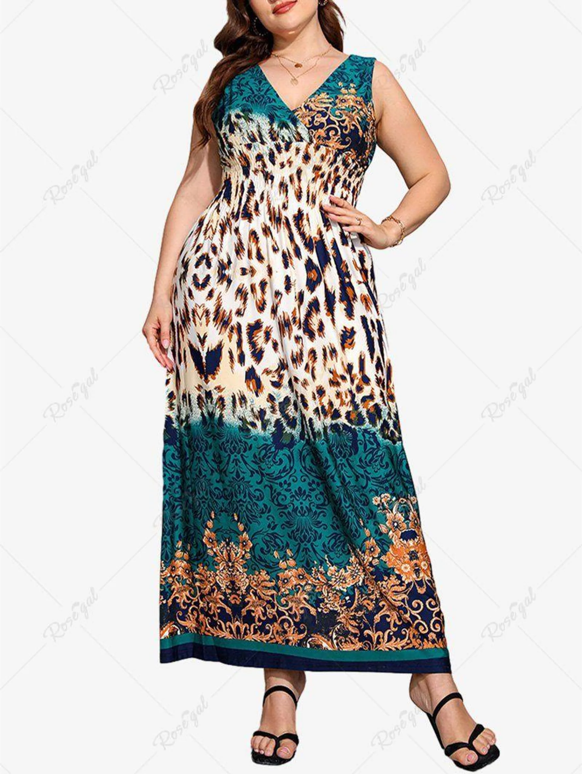 Plus Size Paisley Figure Print Elastic Waist Surplice Dress - 3xl