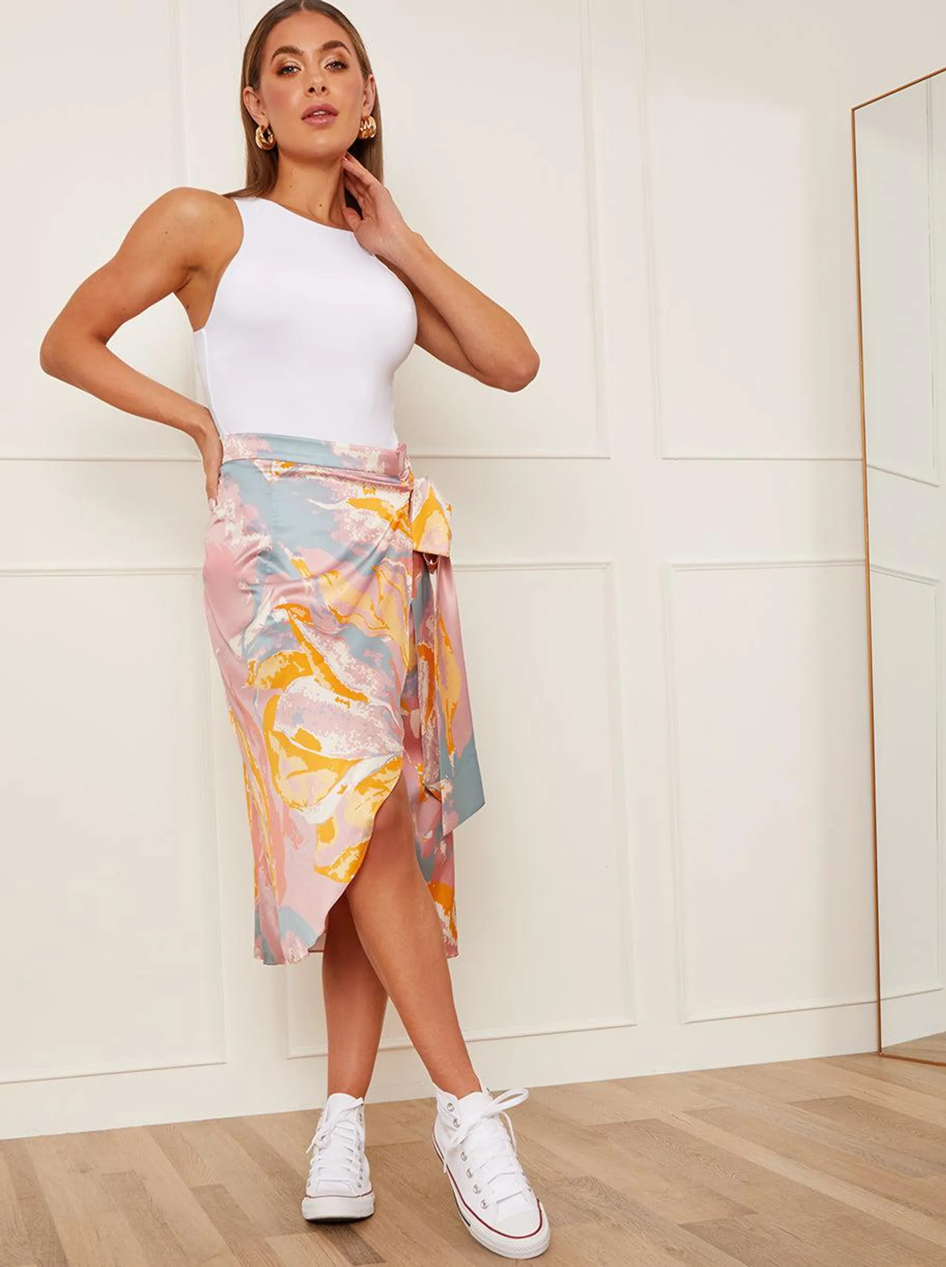 Print Wrap Midi Skirt in Pink