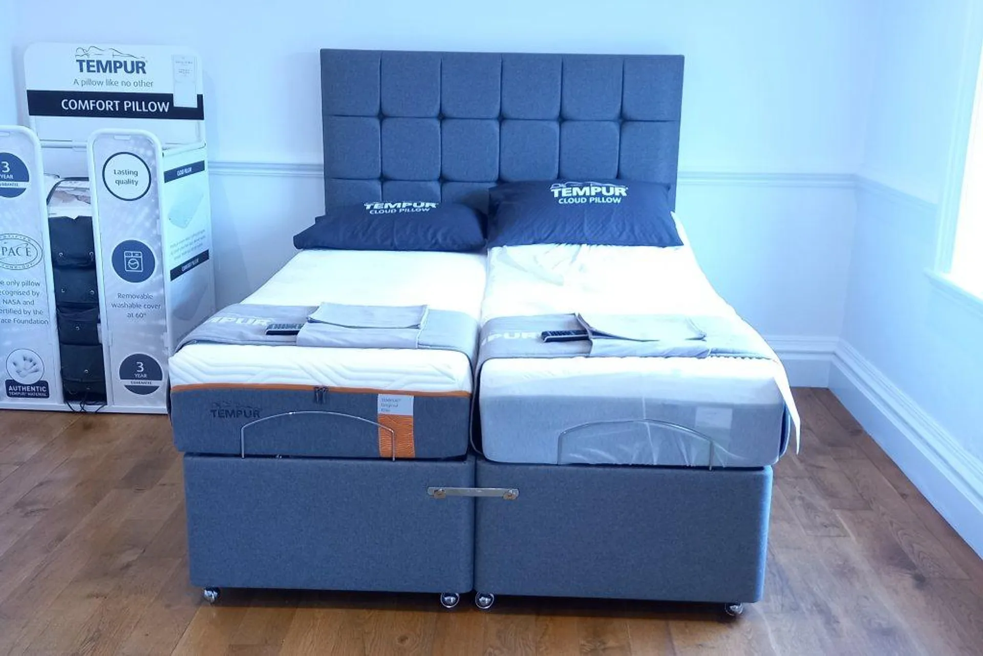 Tempur Moulton Electric Adjustable Massage divan. King Size & headboard & mattresses - Ex-Display