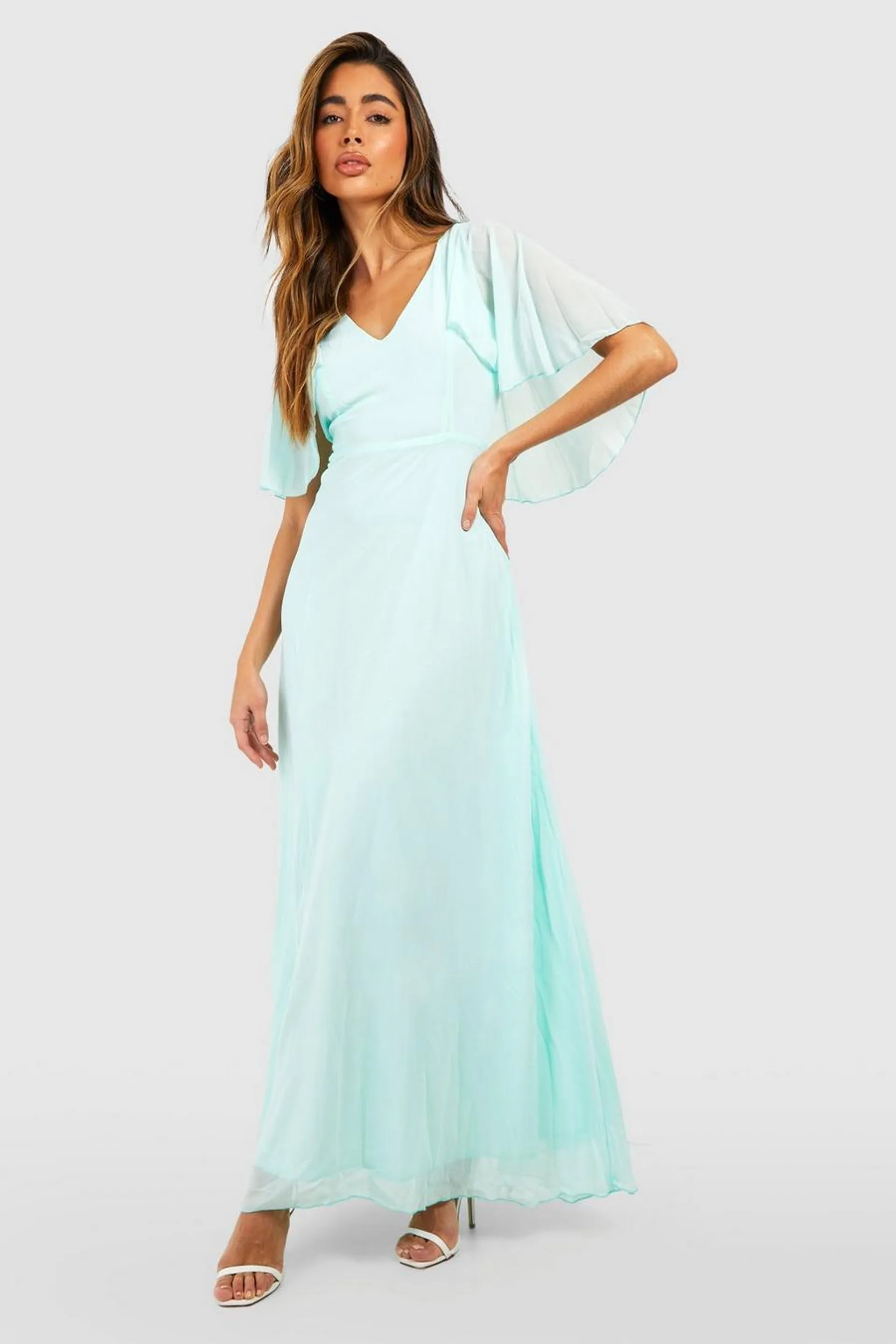 Chiffon Cape Sleeve Maxi Bridesmaid Dress