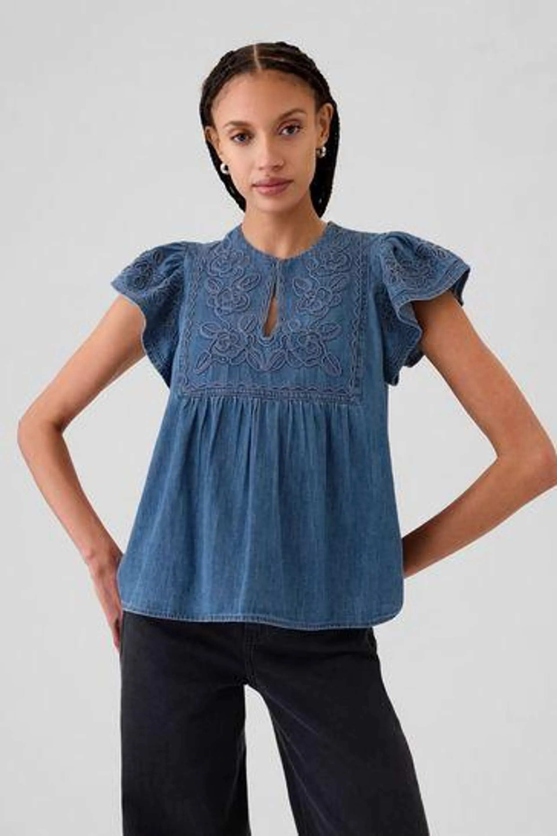 Embroidered Ruffle Sleeve Denim Shirt