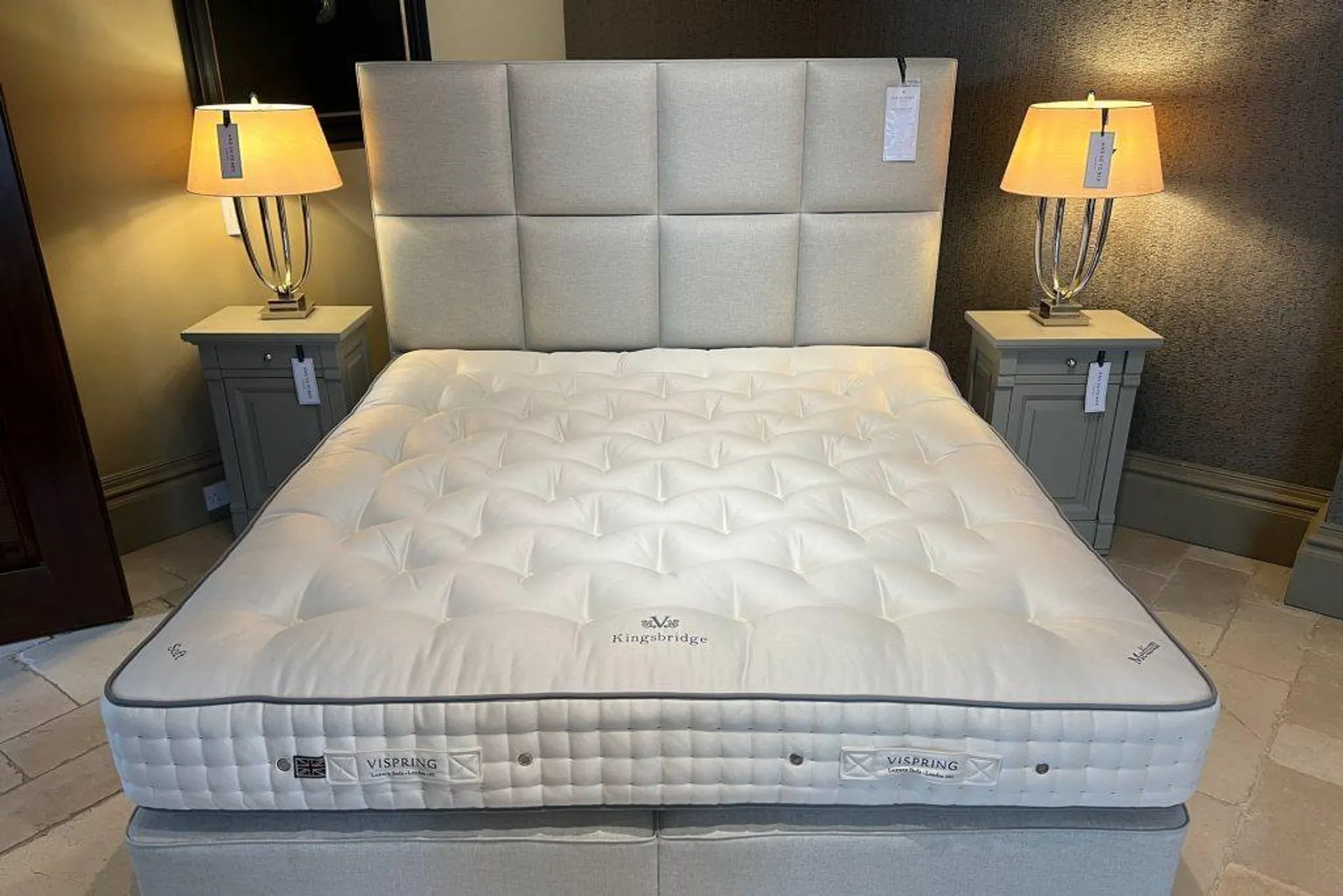 Vispring Kingsbridge Superking Shallow Divan set with Atlas Headboard - Ex Display.