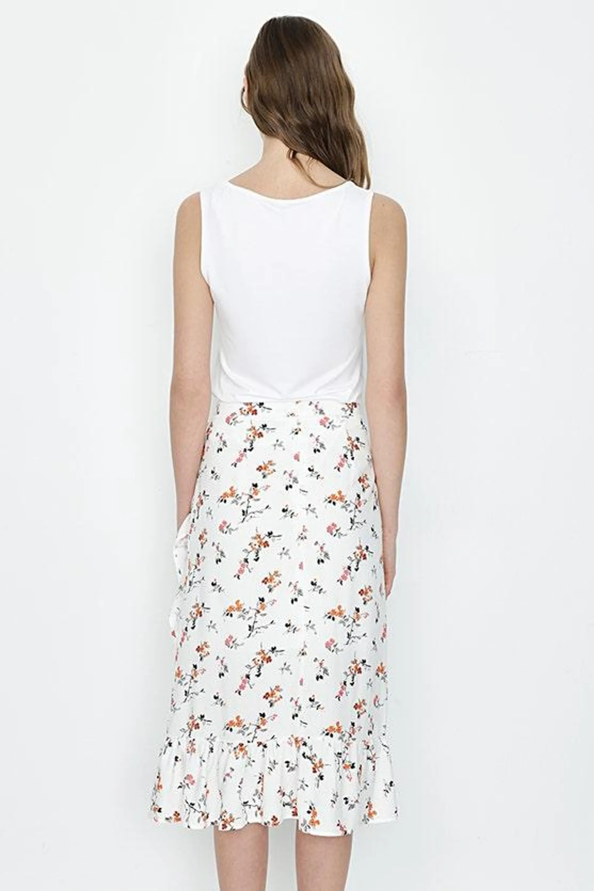 WHITE FLORAL FRILL WRAP MIDI SKIRT