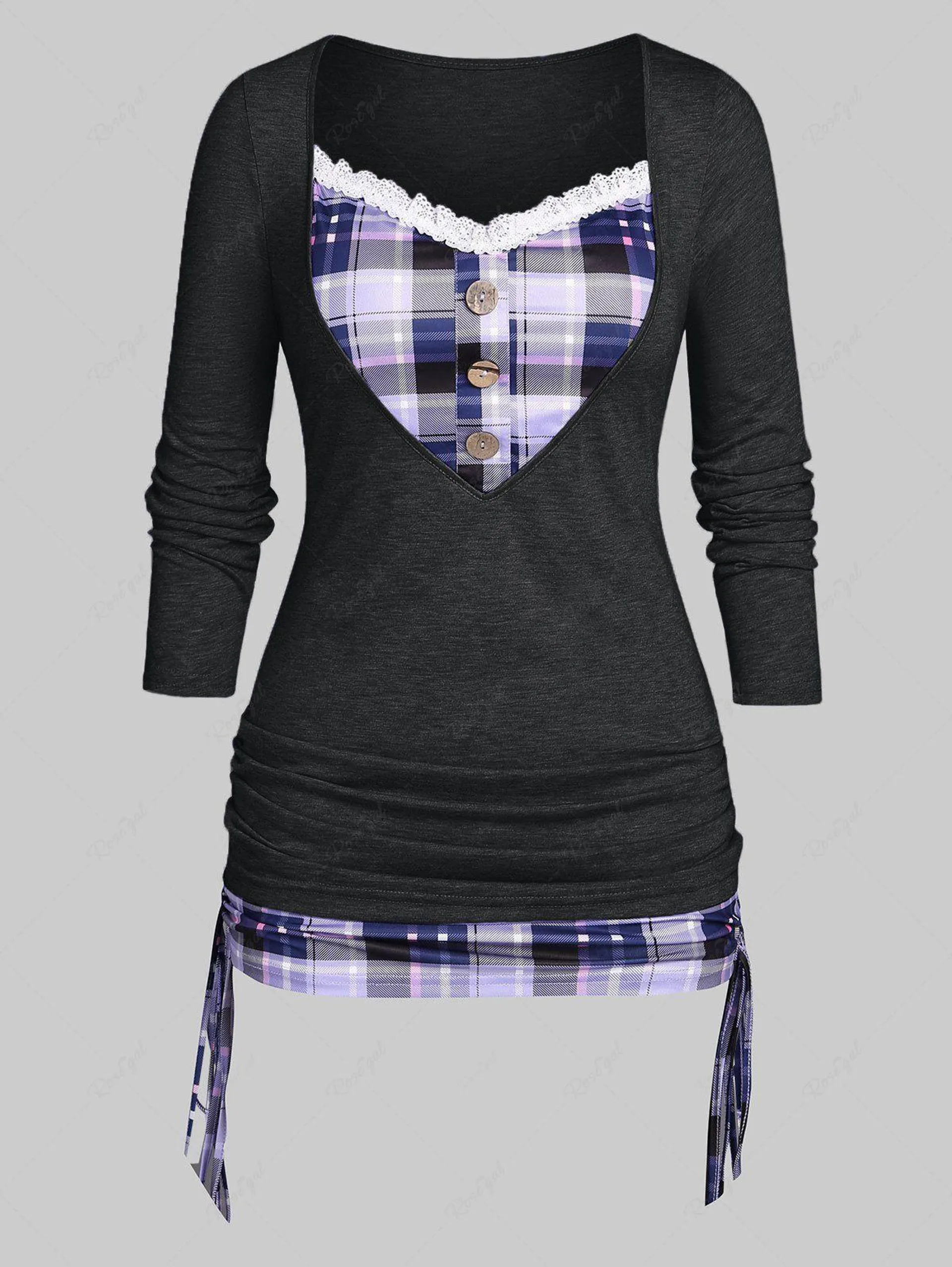 Plus Size Lace Trim Cinched Plaid Buttons 2 in 1 T-shirt - 2x | Us 18-20