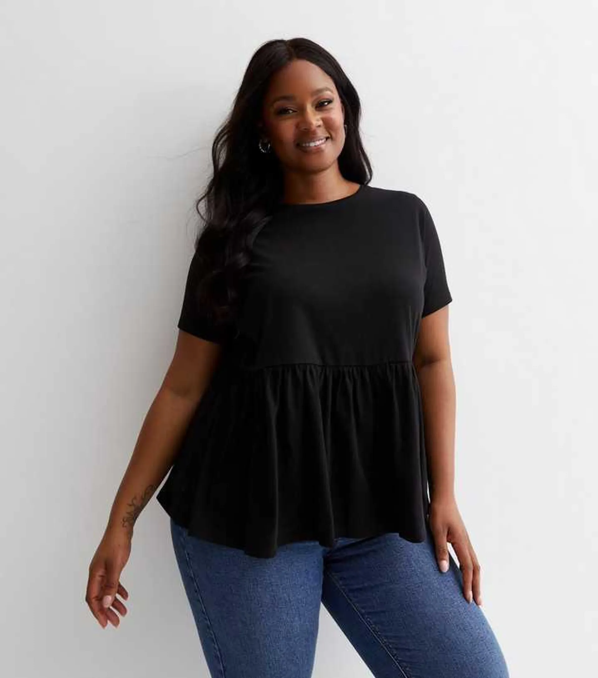 Curves Black Cotton Short Sleeve Peplum Top