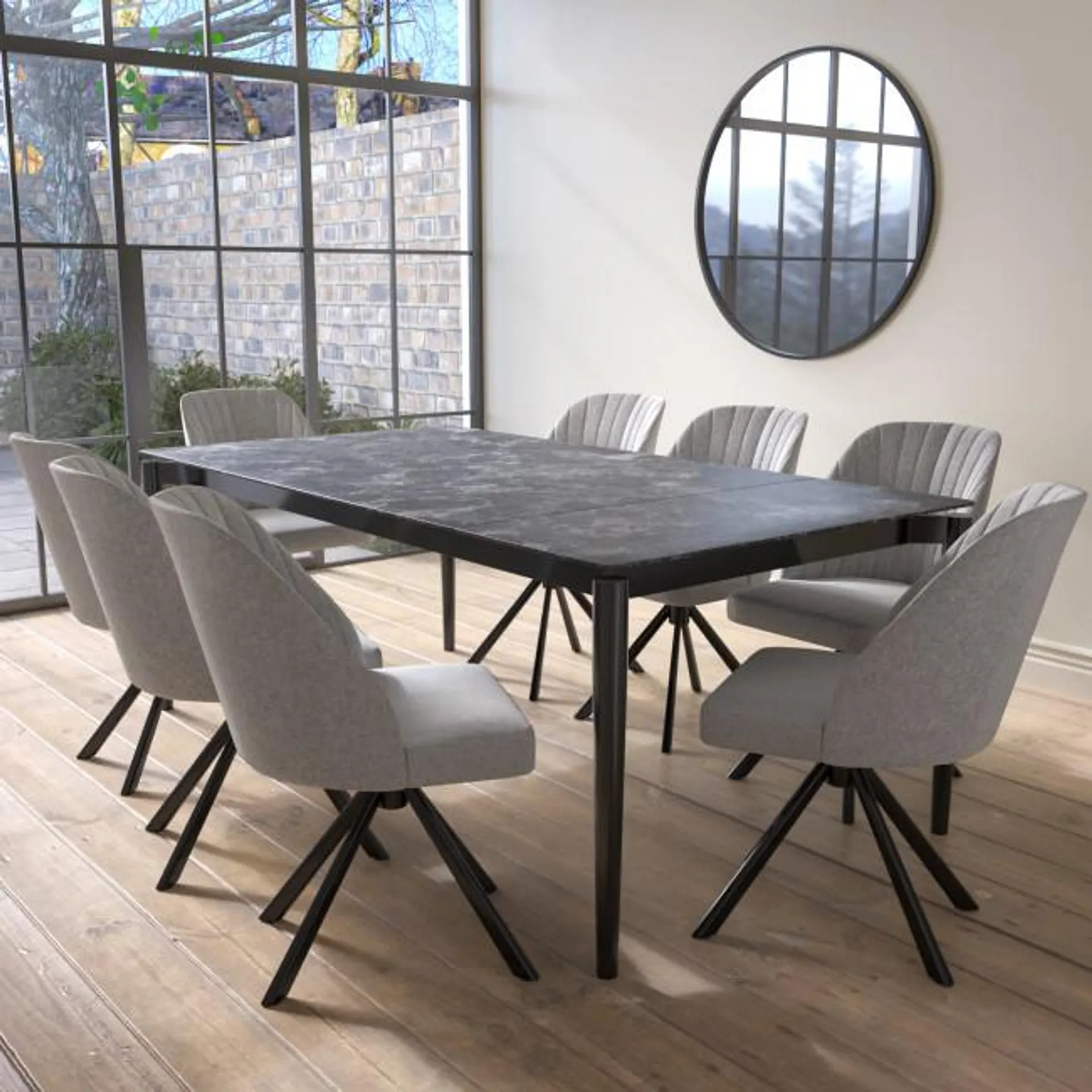 Extendable Black Marble Ceramic Dining Table With 8 Grey Fabric Swivel Dining Chairs - Camilla
