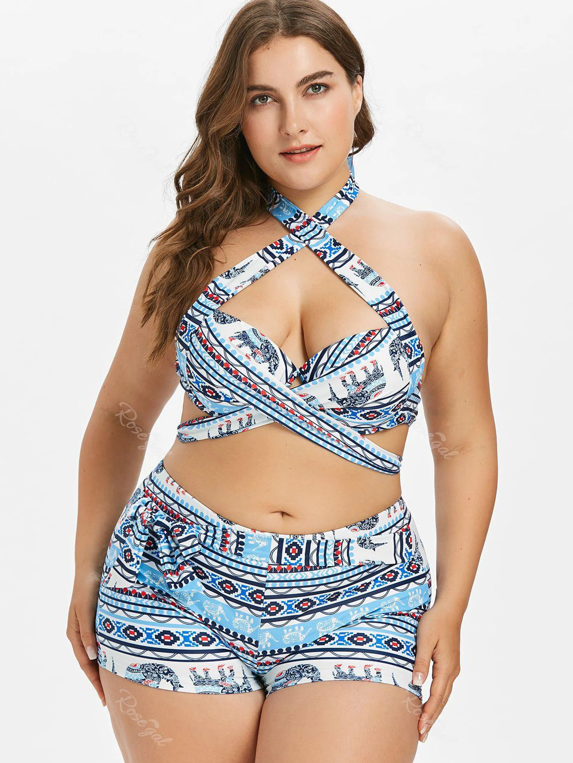 Plus Size Sexy Halter Tribal Print Crisscross Boyleg Bikini Swimsuit - 4x