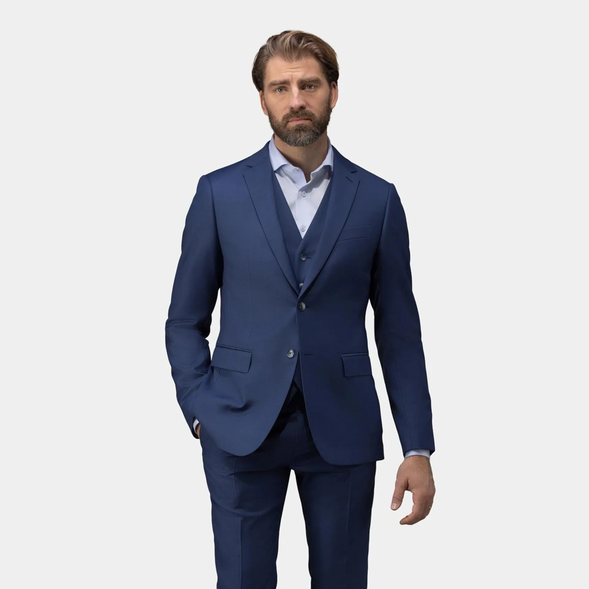 Dark blue three-piece suit