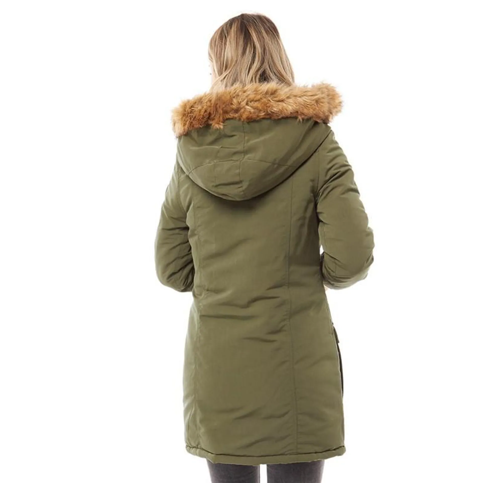 Brave Soul Womens Jacobs Faux Fur Parka Coat Khaki