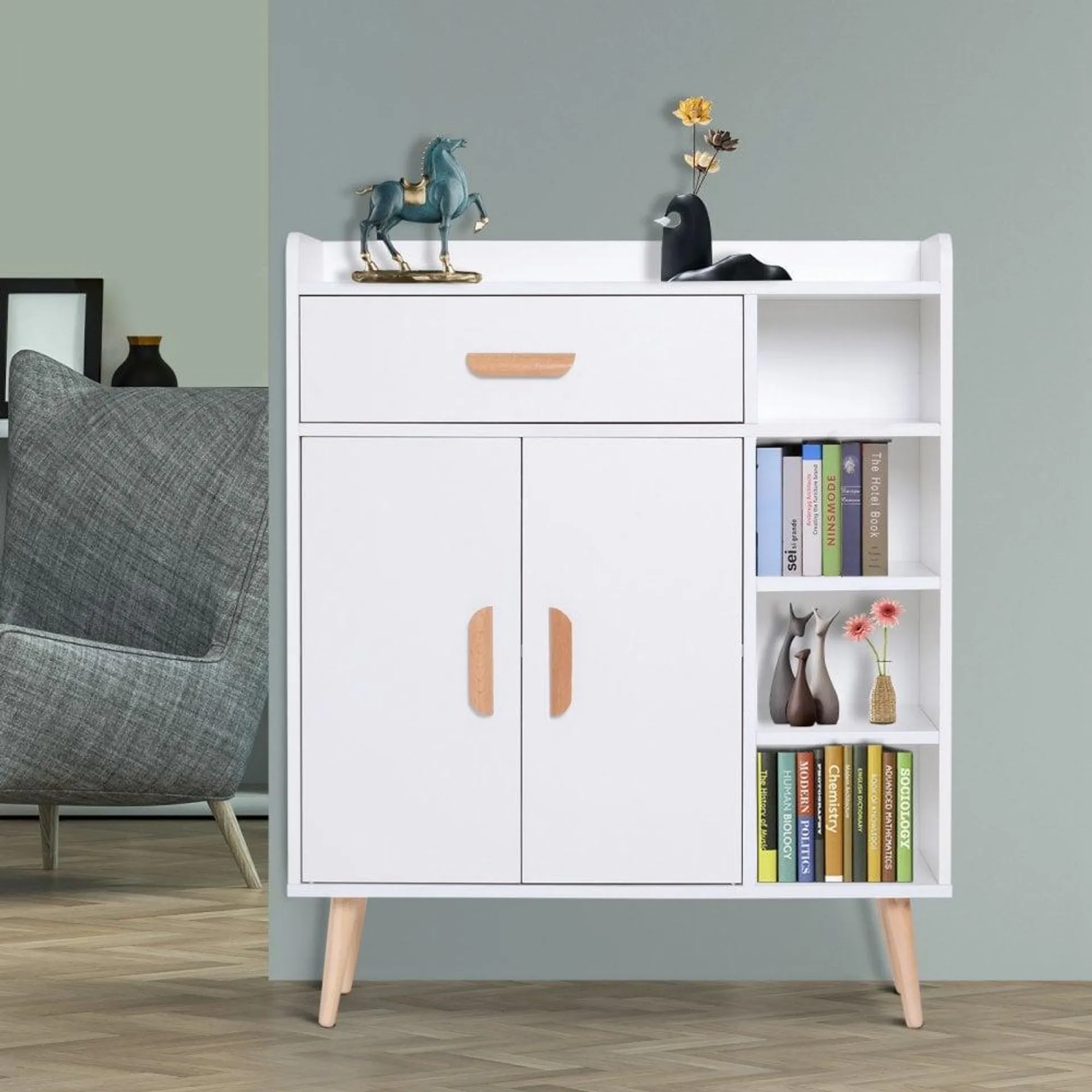 Hallway Side Cabinet Storage Unit Pine Wood, 80L x 29.5W x 96Hcm-White