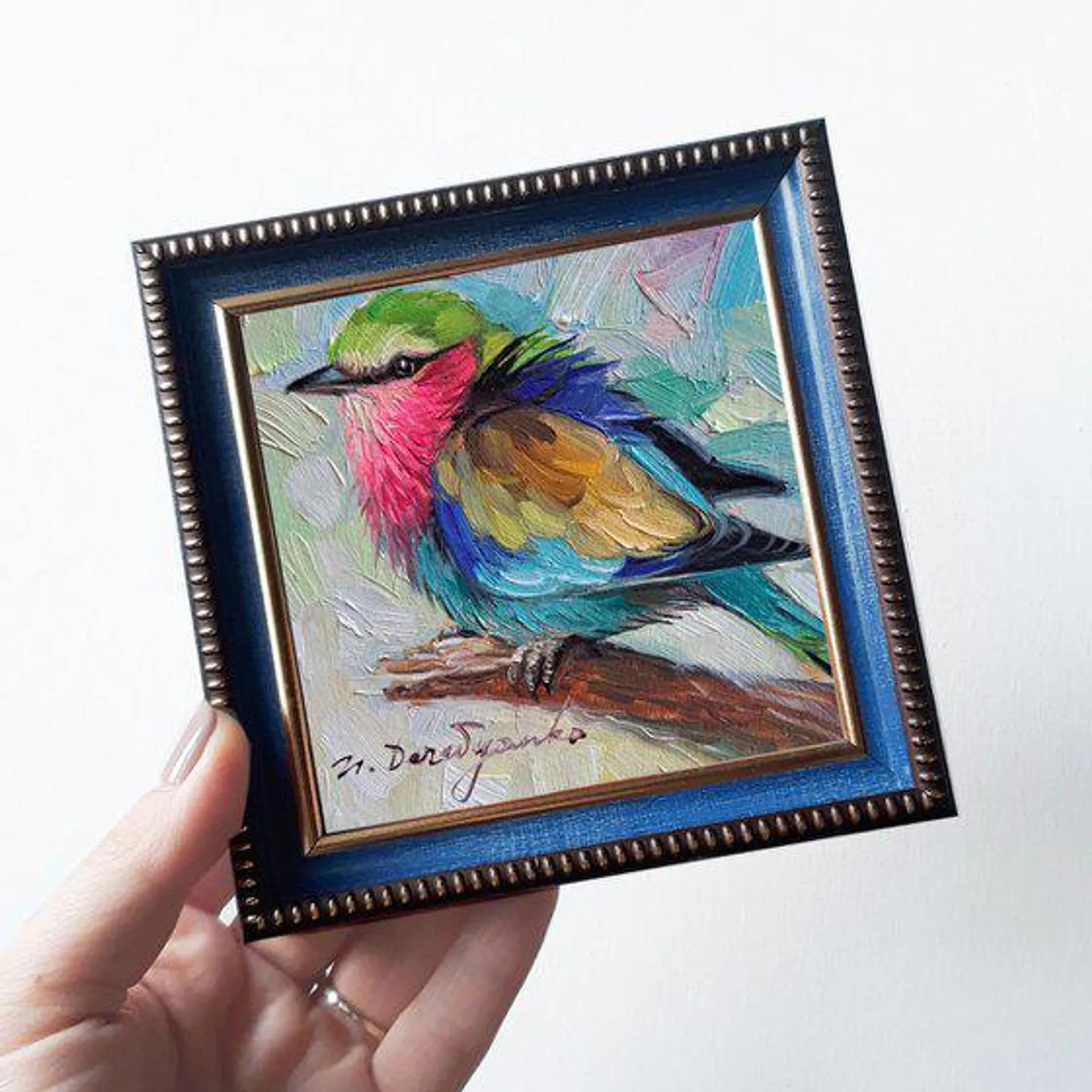 Bird painting original oil 4x4, Lilac-breasted Roller bird small frame art in gold frame (2023)