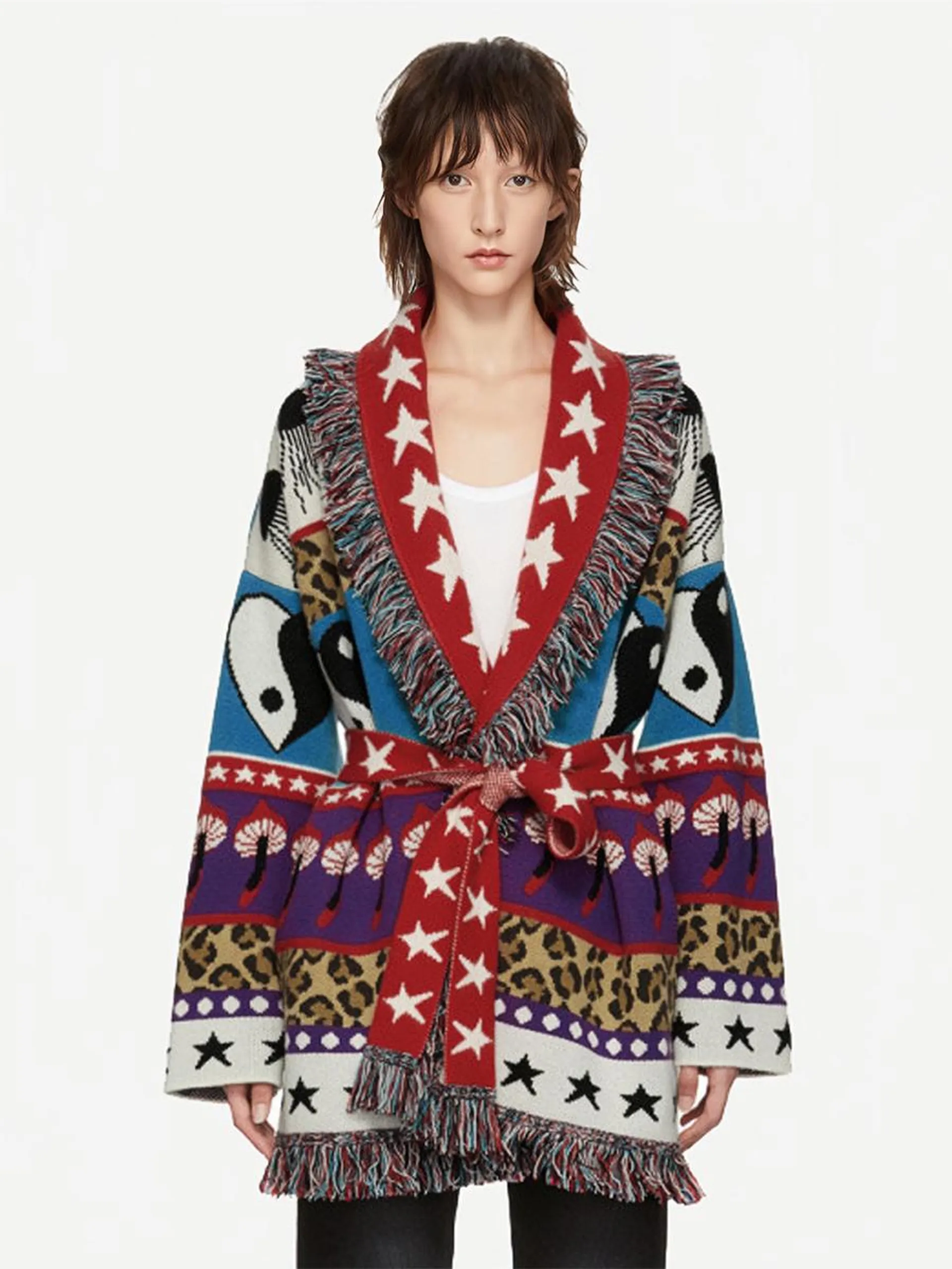 Jacquard Cardigans Aztec Tassel Trim Belted Wool Blend Boho Sweater