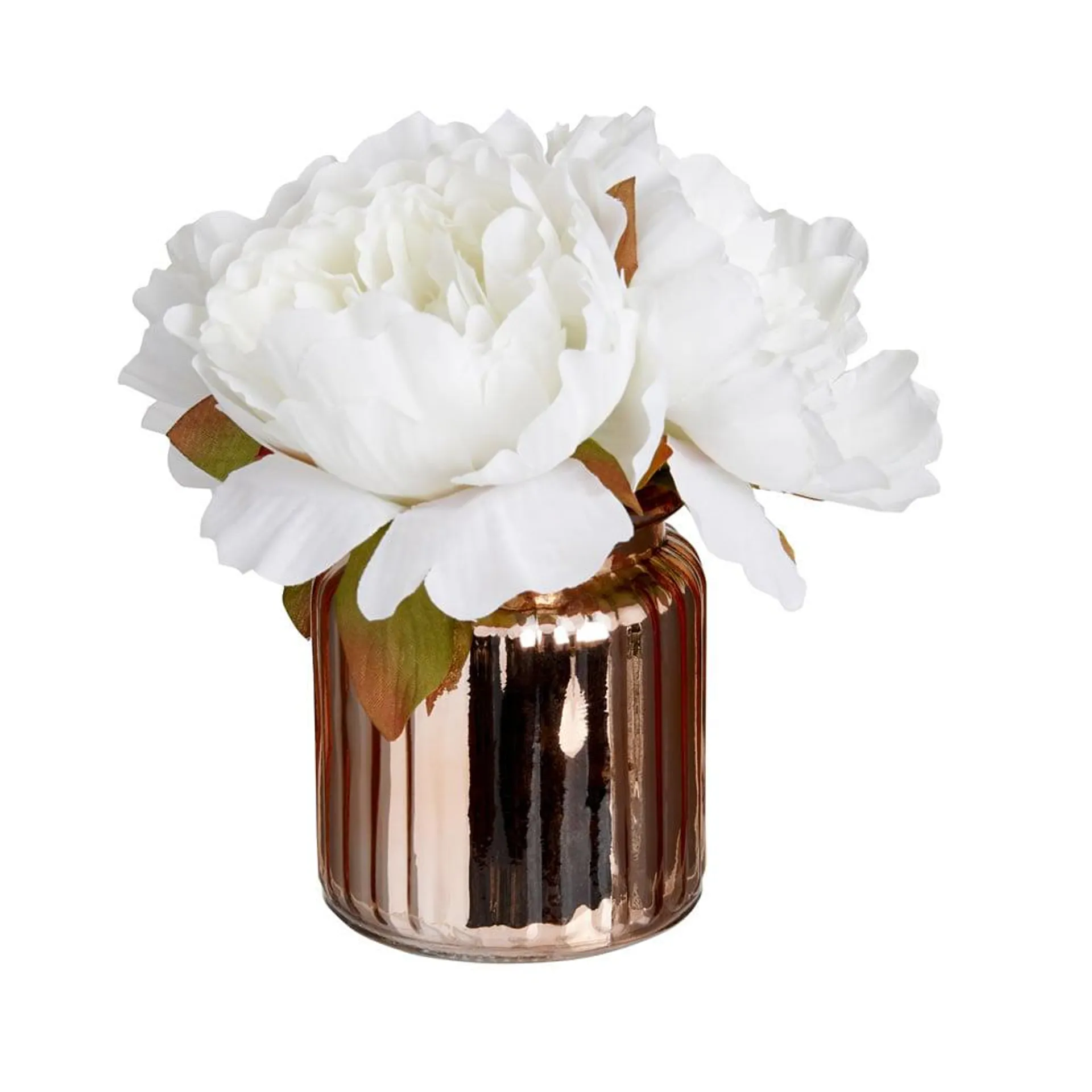 Wilko White Peony Artificial Flowers in Rose Gold Glass Vase