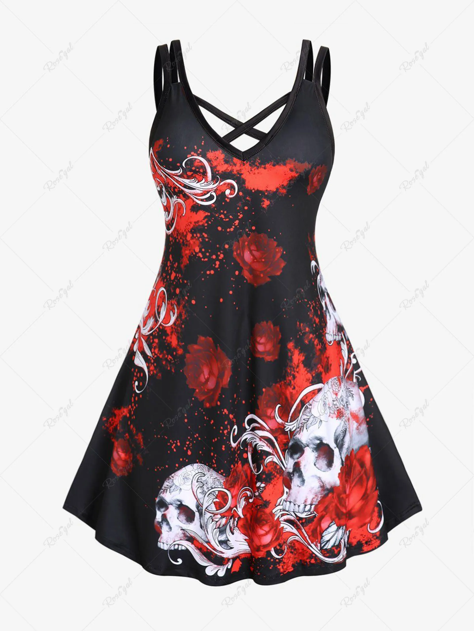 Valentines Red Rose Skull Print Plus Size Crisscross A Line Gothic Dress - 2x | Us 18-20