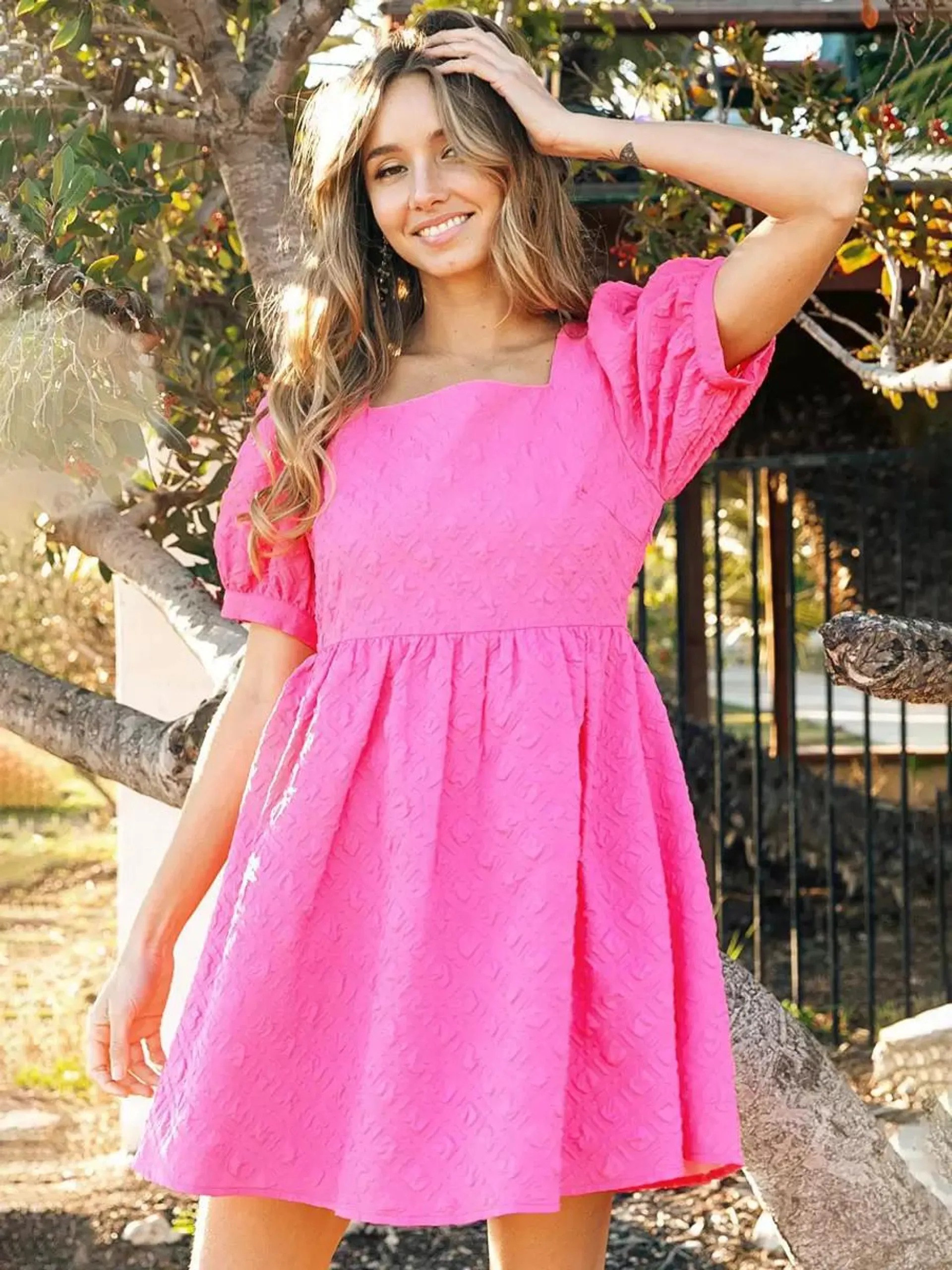 Summer Dress Square Neck Pleated Oversized Rose Short Beach Dress