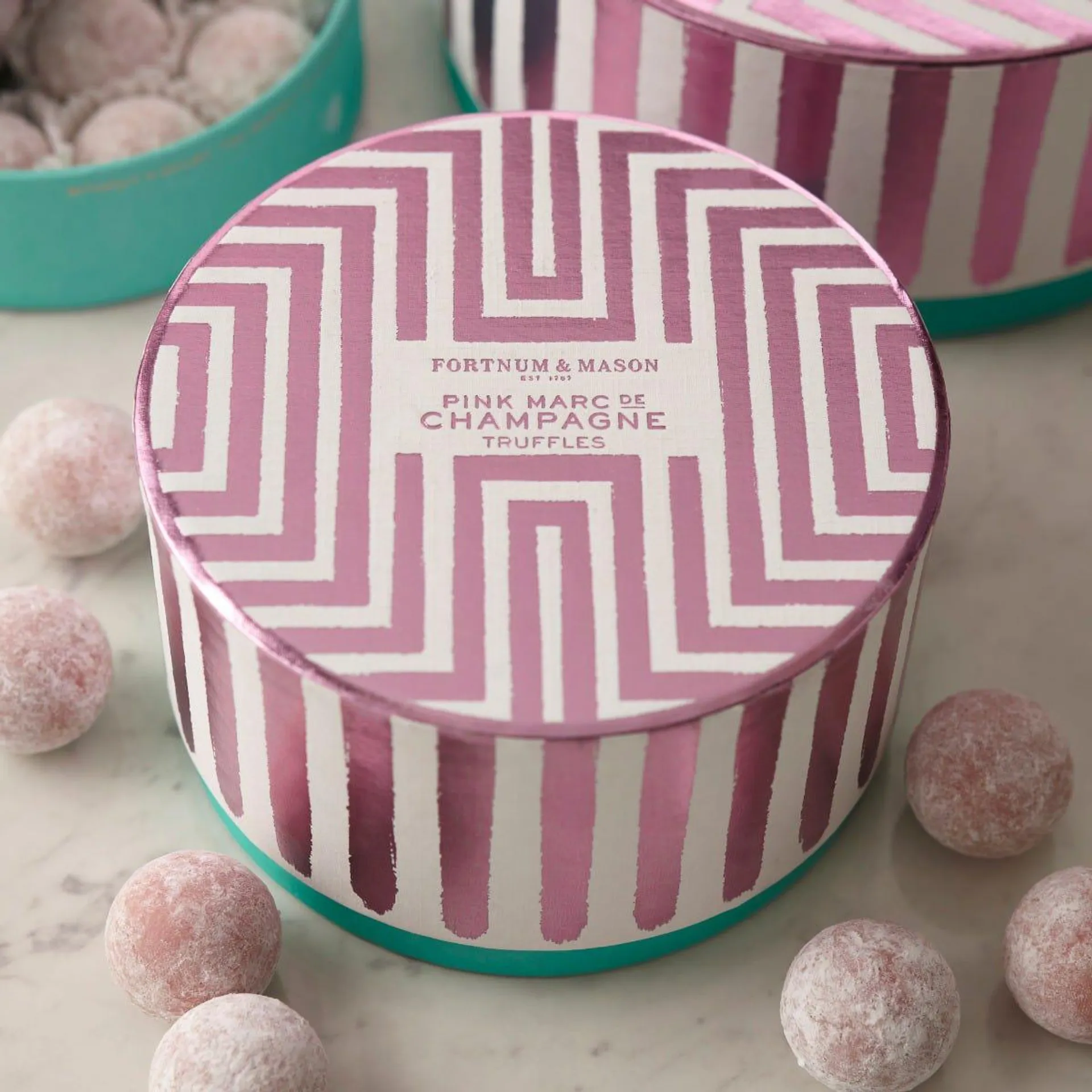 Fortnum's Pink Marc de Champagne Truffle Drum, 250g