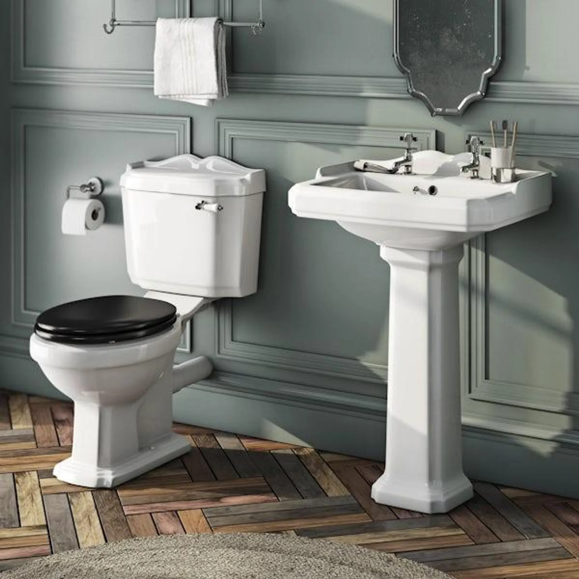 Orchard Winchester cloakroom suite with black seat and full pedestal basin 590mm