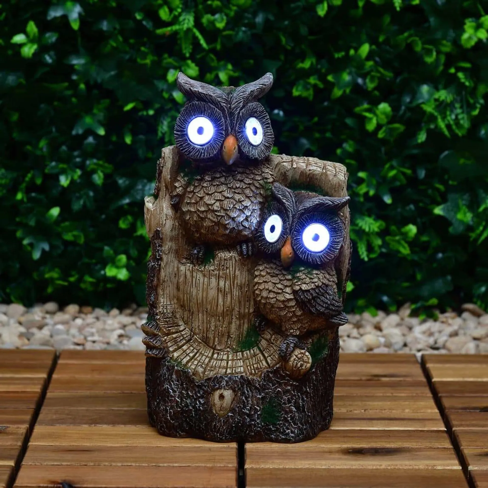 Solar Owls in a Tree Statue - Cool White LED