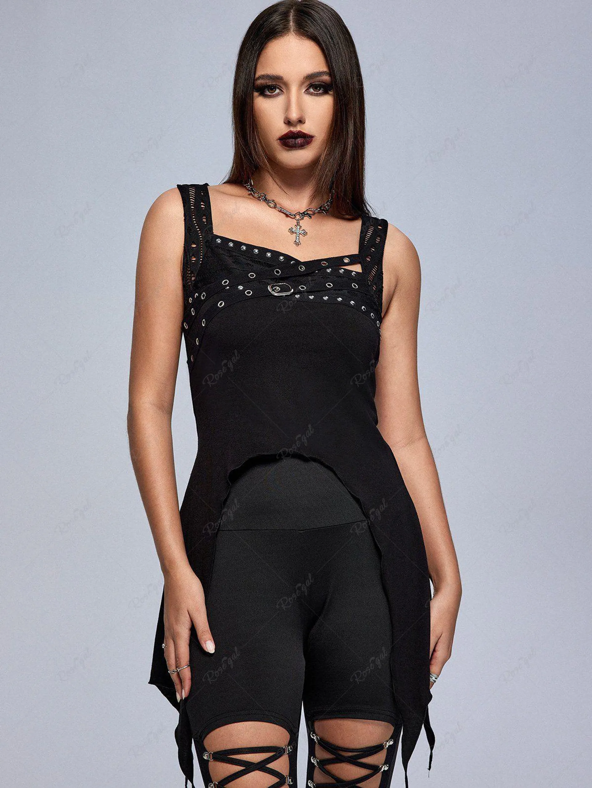 Gothic Hollow Out Grommet Buckle Stud Asymmetrical Tank Top - 4x | Us 26-28