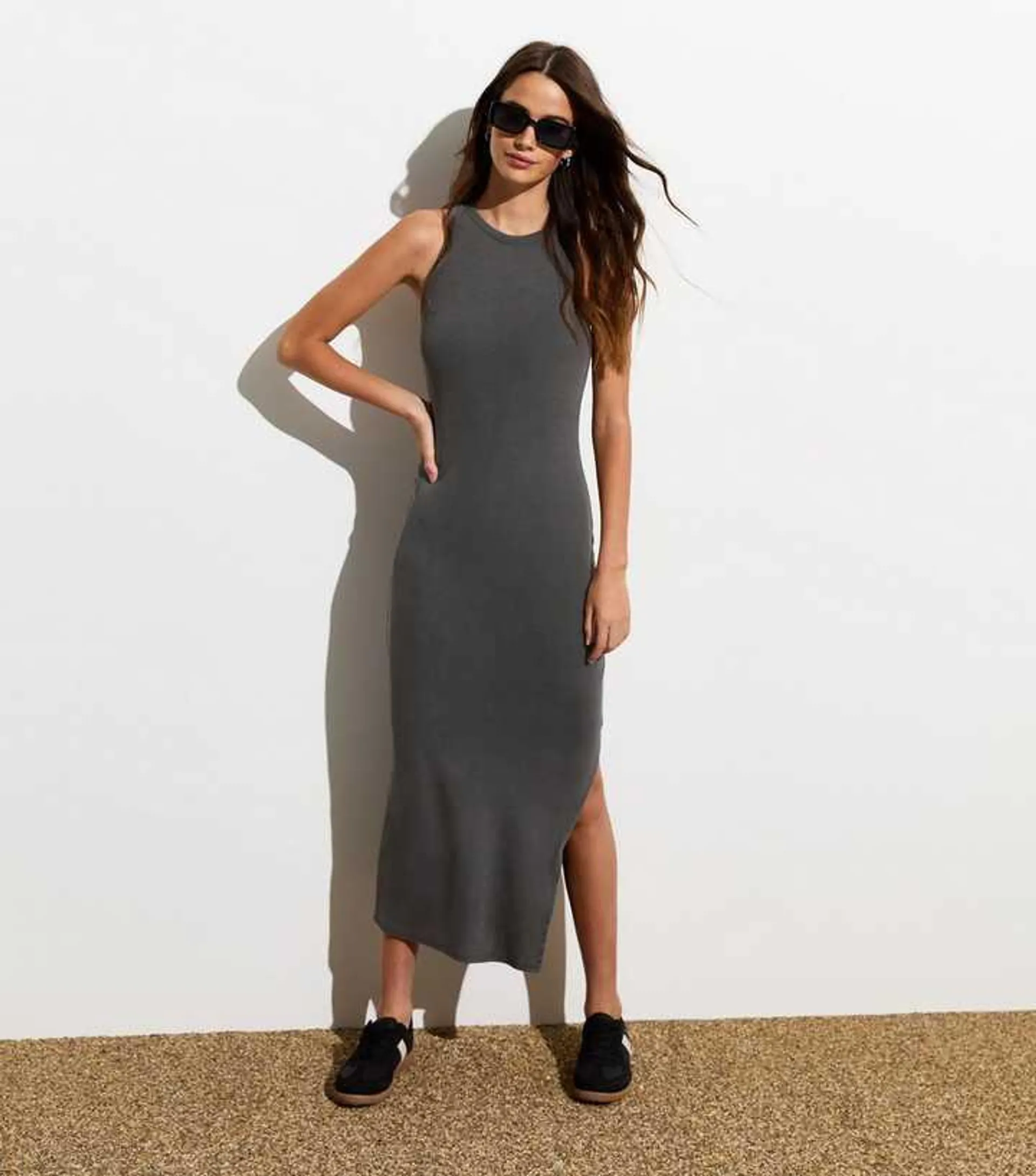 Dark Grey Acid-Wash Rib Racer Vest Midi Dress