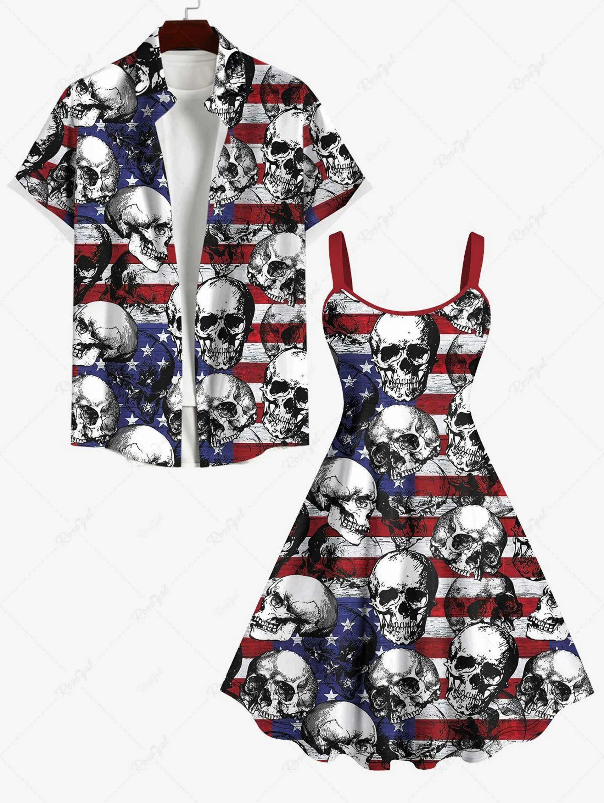 Patriotic American Flag Skulls Print Plus Size Matching Outfit For Couples