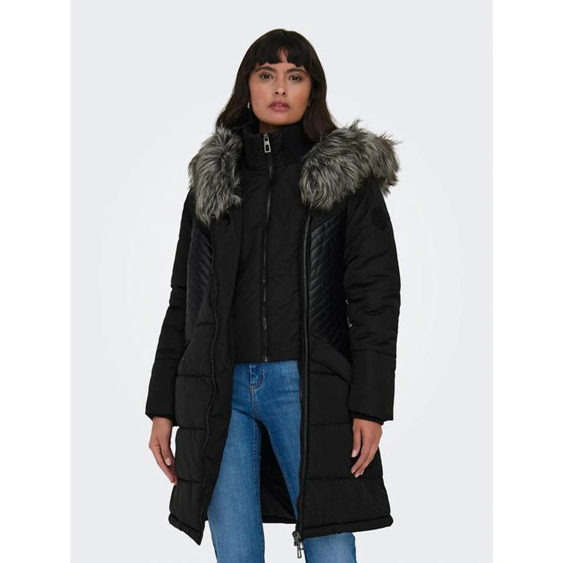 Long Hooded Parka with Faux Fur Trim