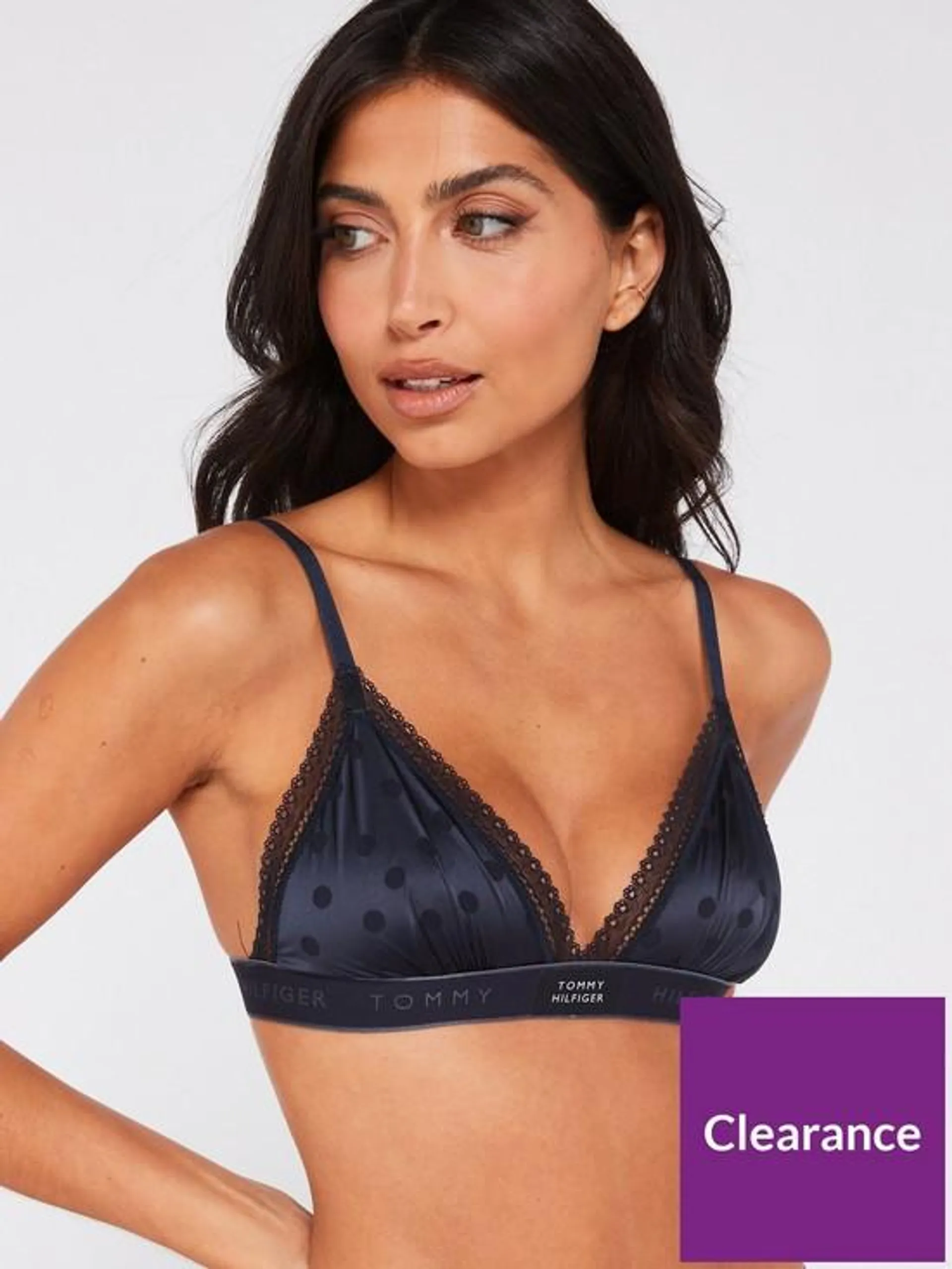 Lace Trim Satin Triangle Bra - Navy