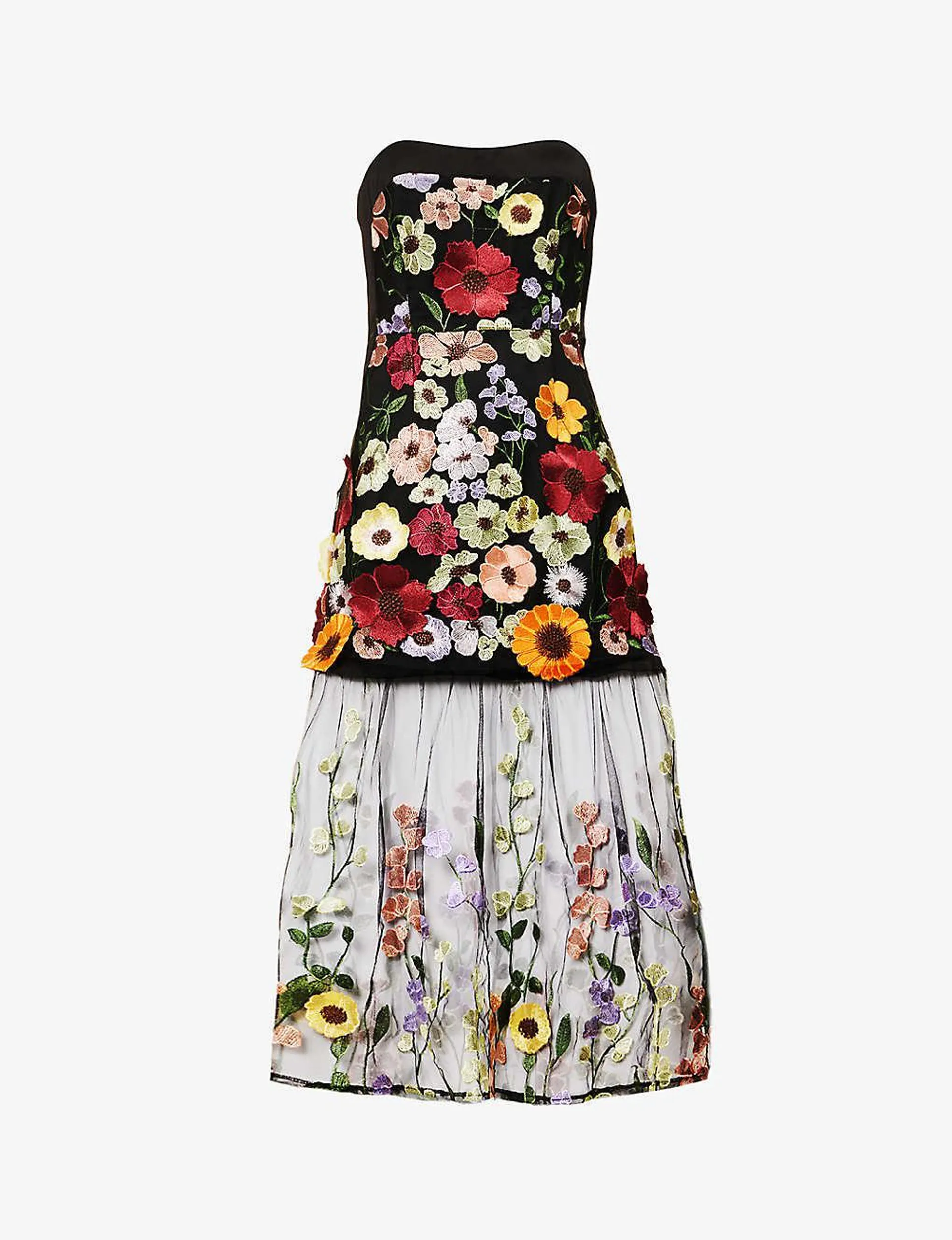 Floral-embellished semi-sheer stretch-woven midi dress