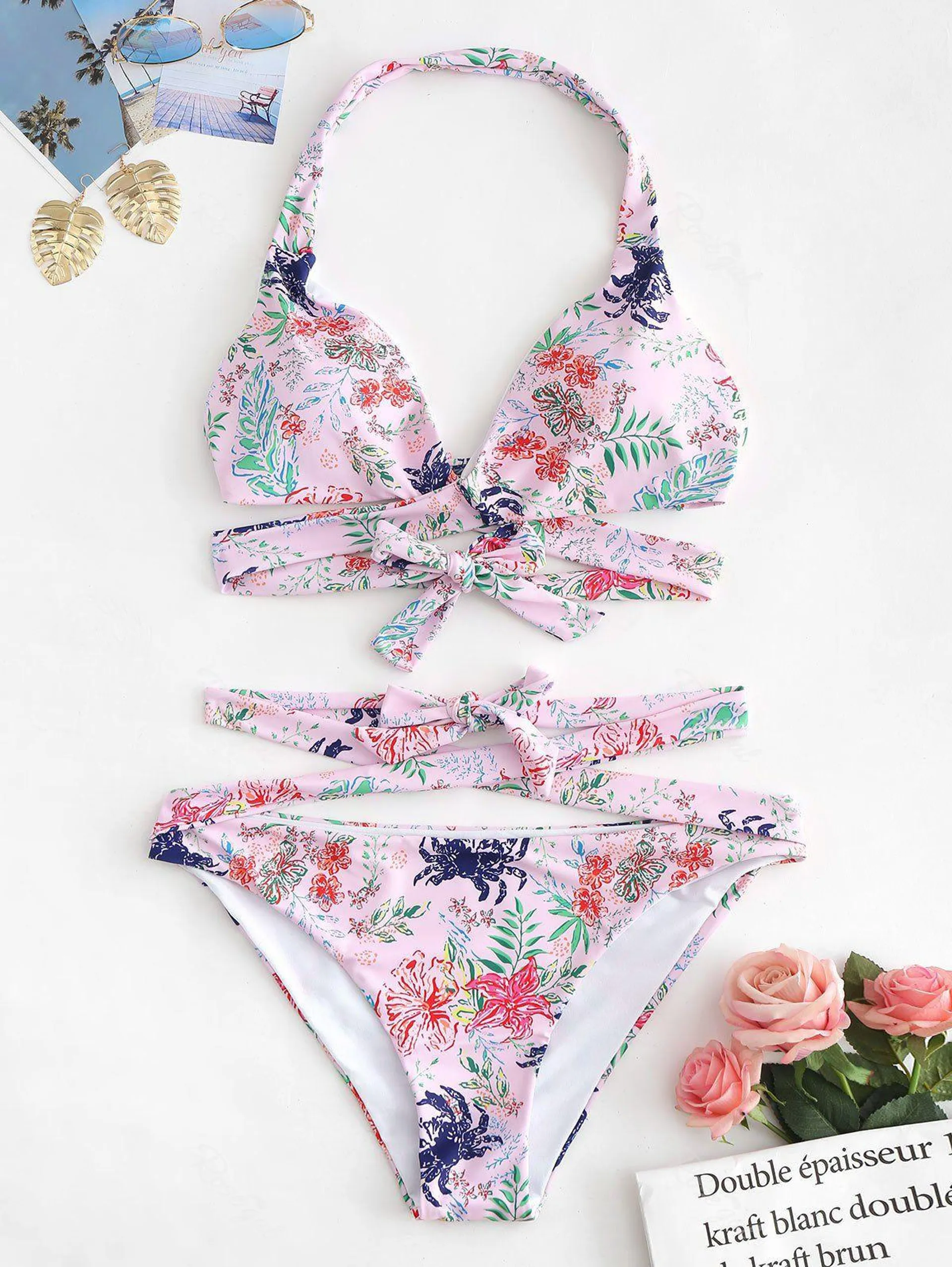 Plus Size Floral Print Criss Cross Bikini Set - L