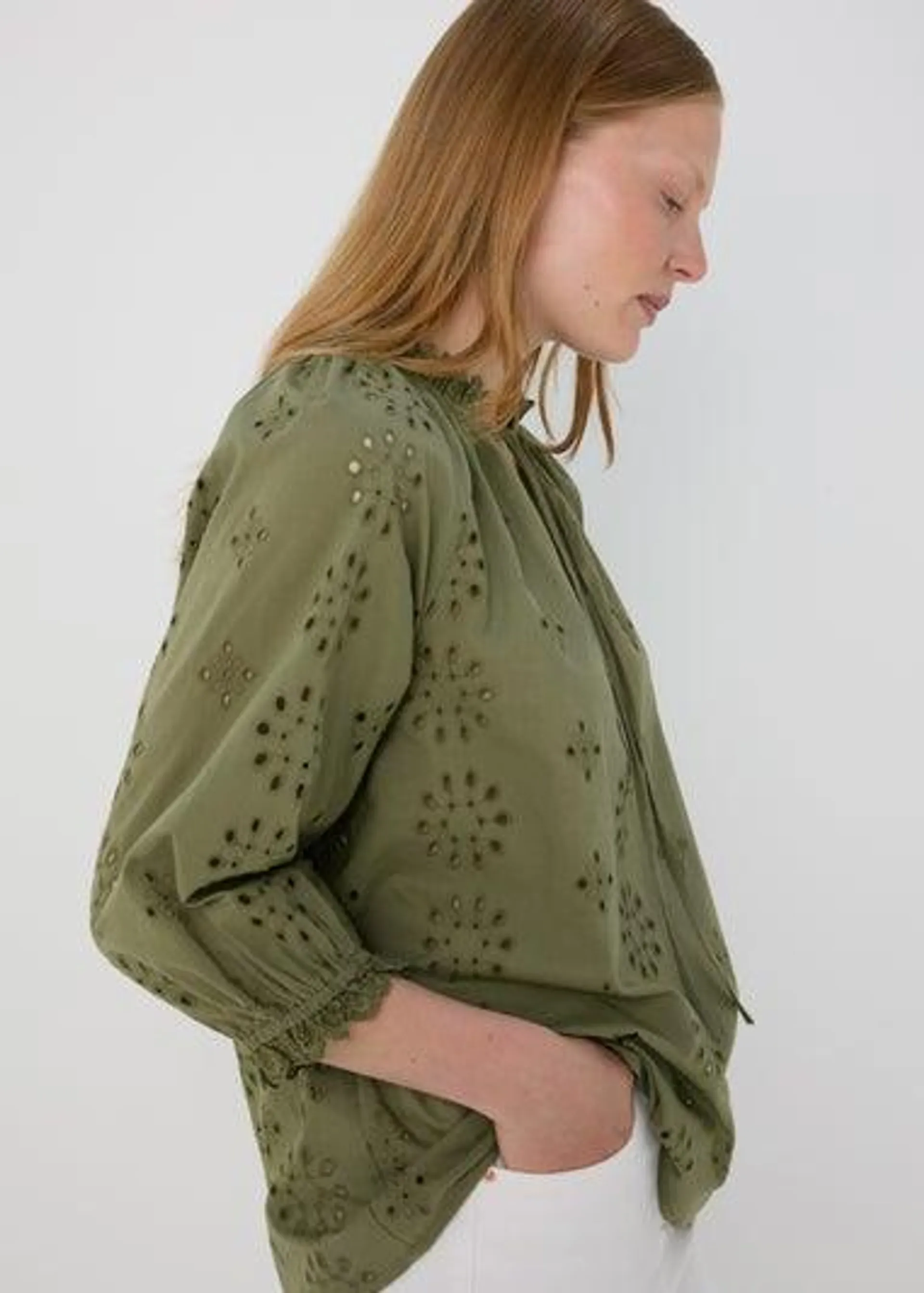 Khaki Broid Peasant Blouse Top