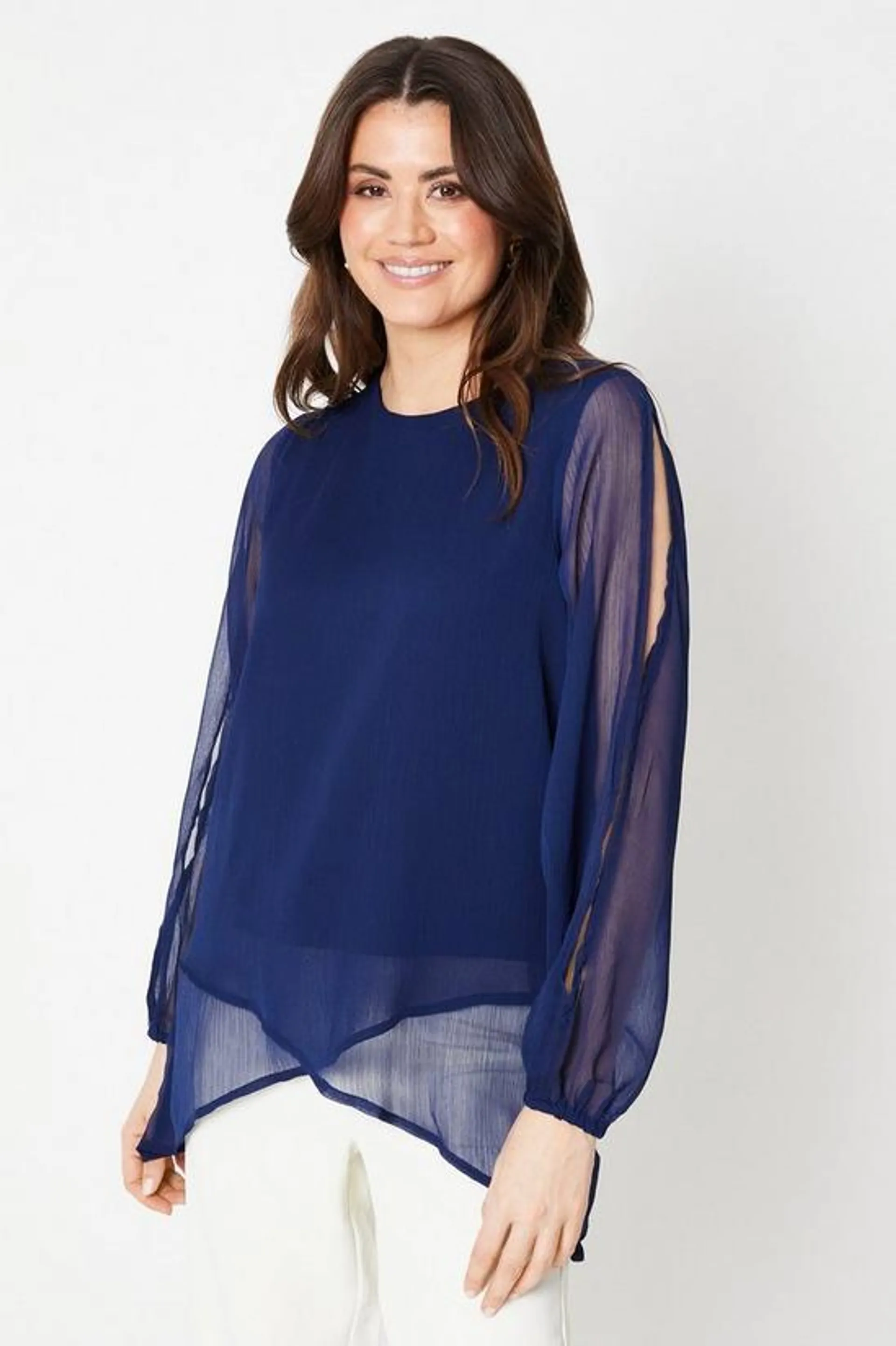 Chiffon Asymmetric Hem Split Sleeve Top