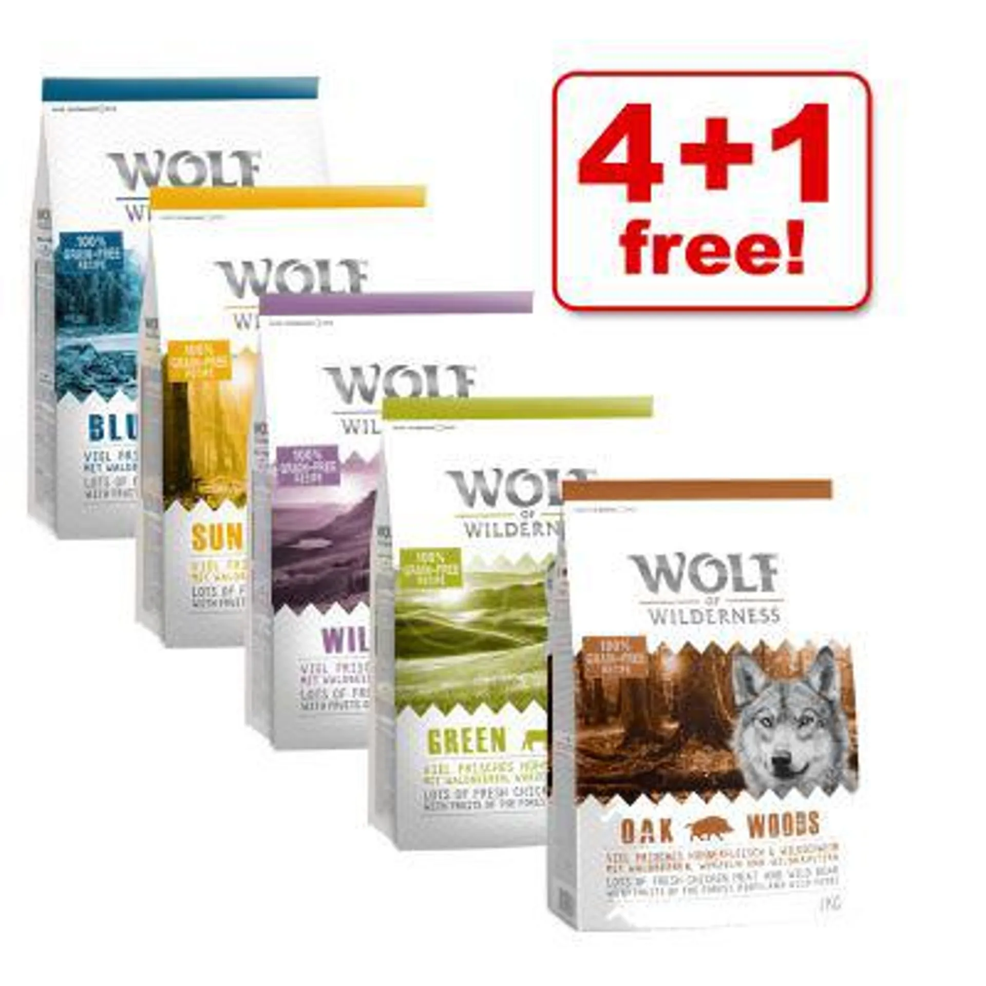 5 x 1kg Wolf of Wilderness Classic Mixed Trial Pack Dry Dog Food - 4 + 1 Free!*