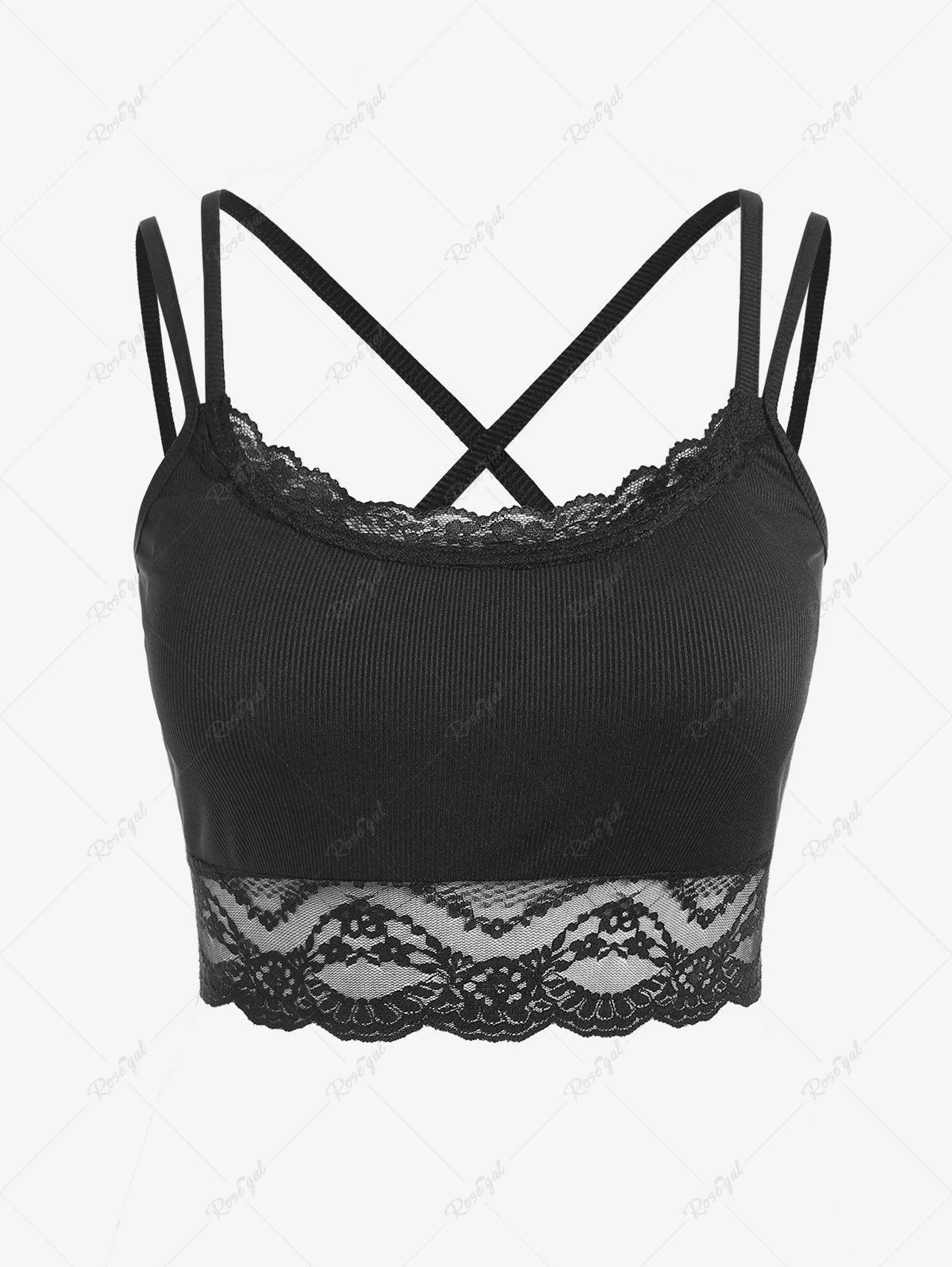 Plus Size Lace Panel Ribbed Strappy Crop Top - 1x | Us 14-16