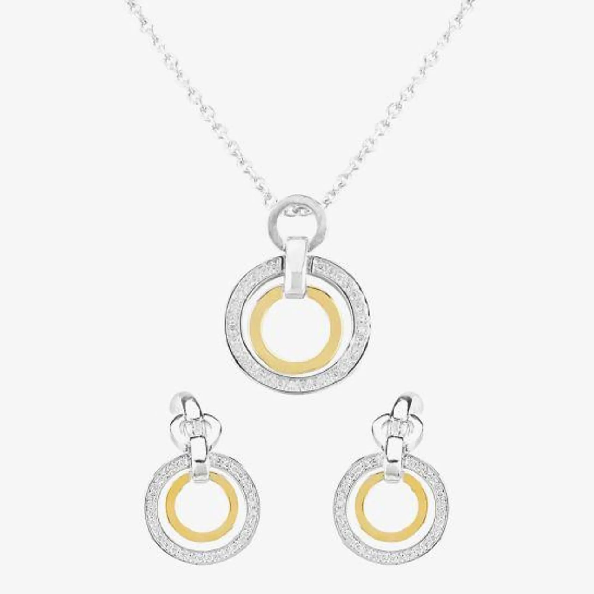 Two Tone Cubic Zirconia Double Open Circle Pendant and Earring Set