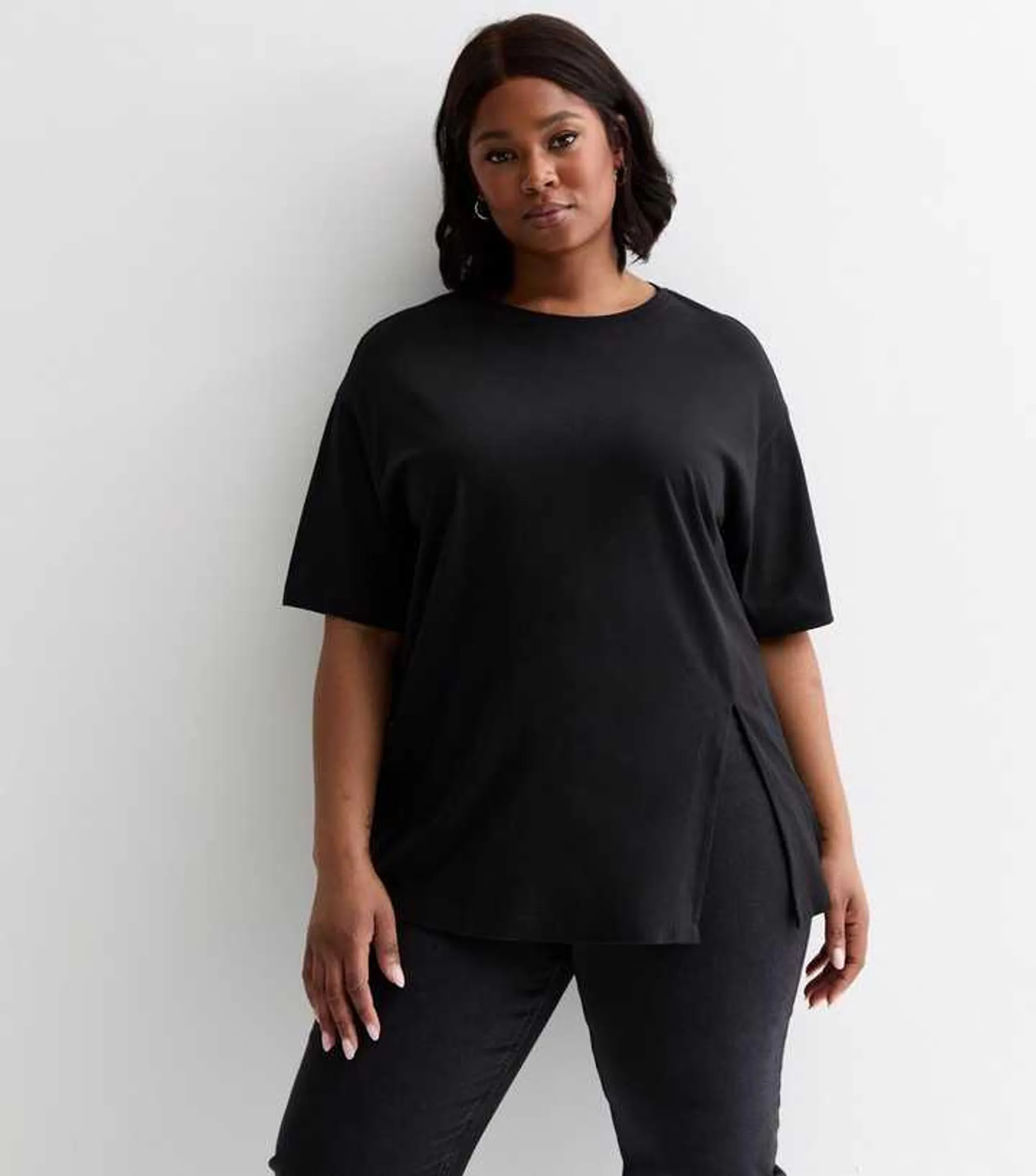 Curves Black Cotton Split Hem T-Shirt