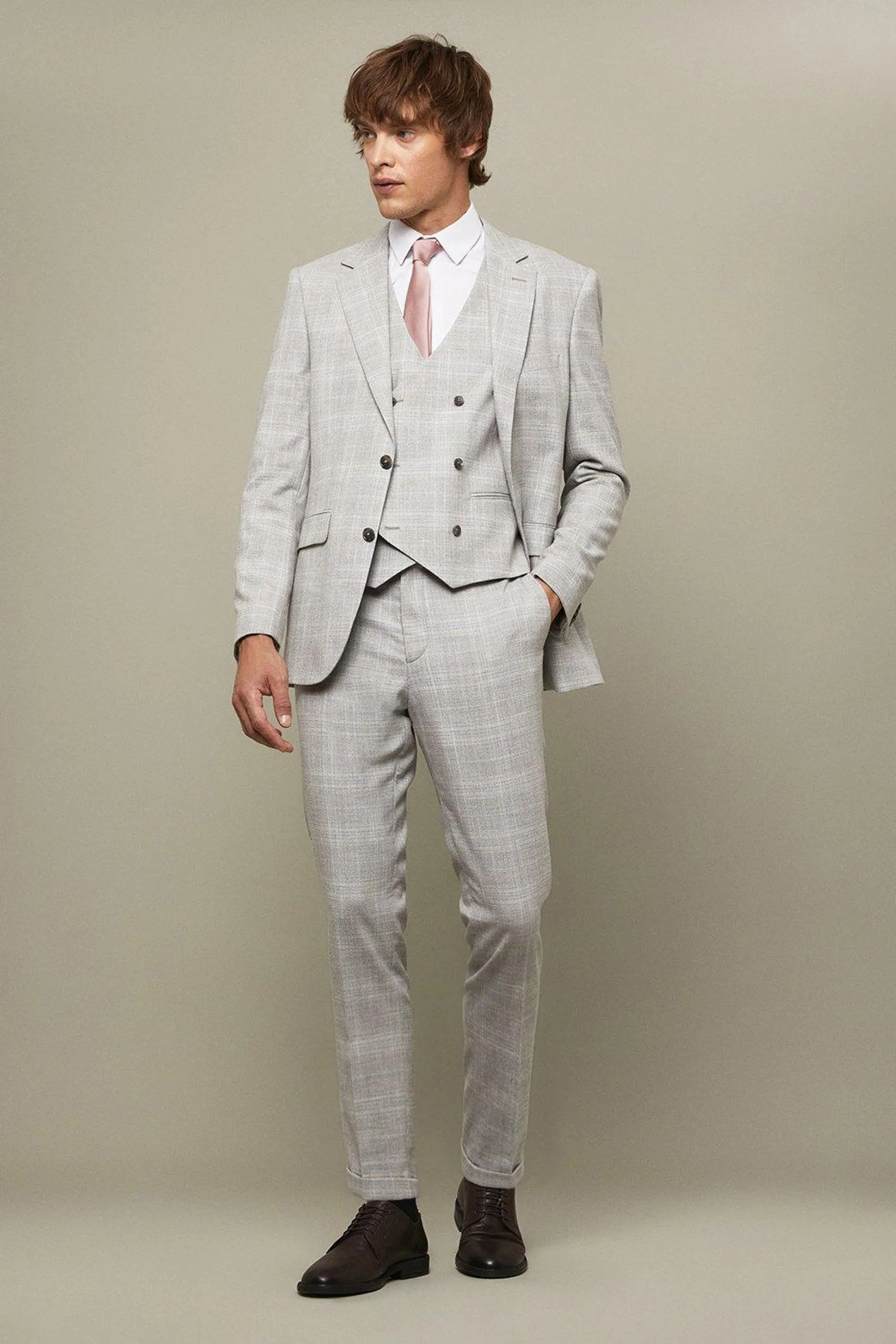 Tailored Fit Grey Textured Check Suit Trousers