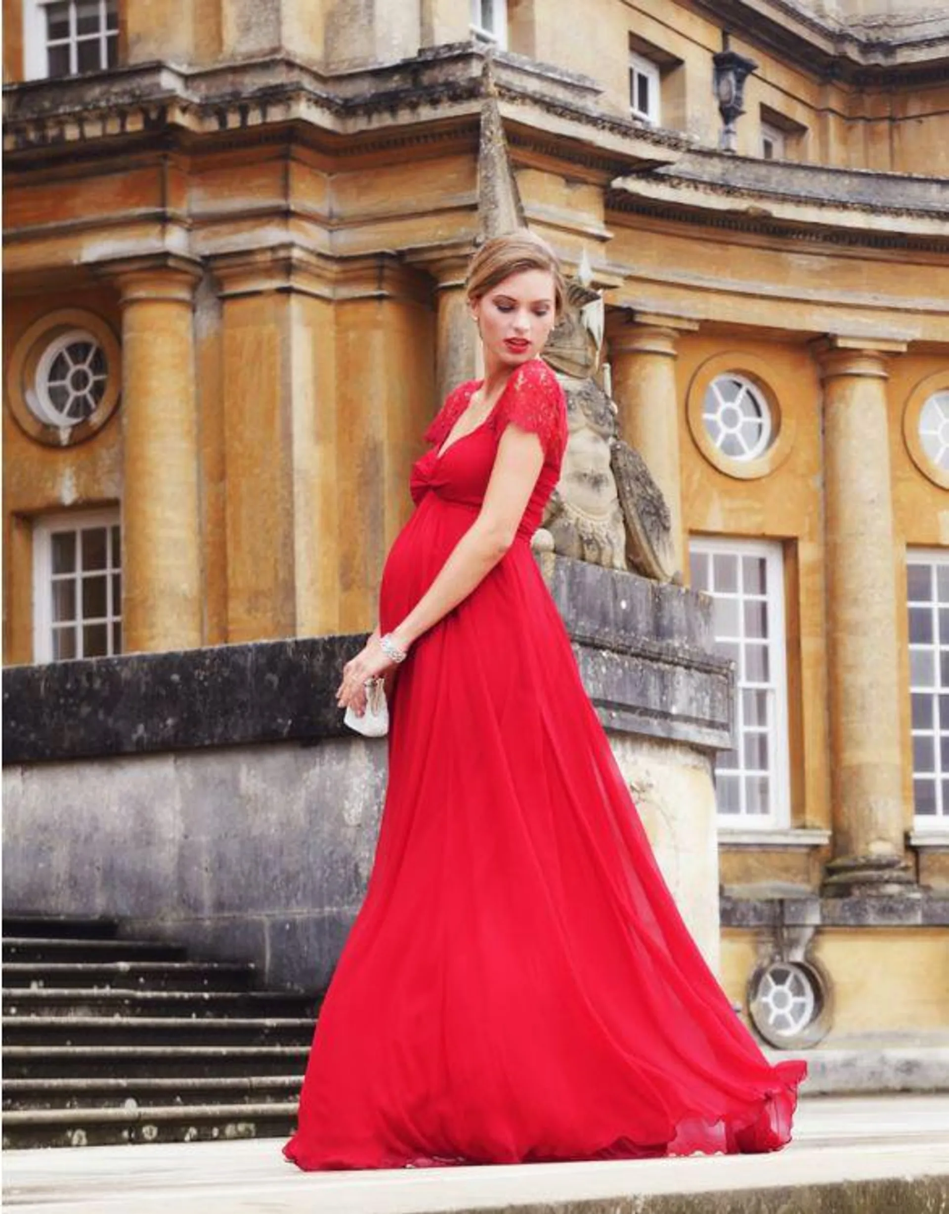 Scarlet Silk & Lace Maternity Evening Gown