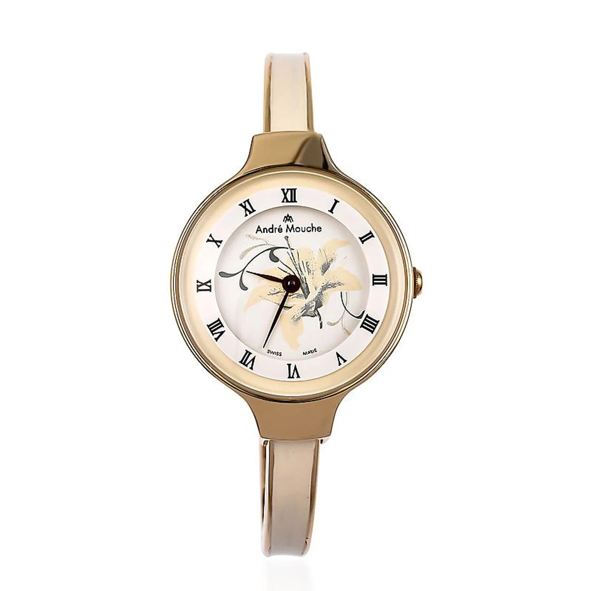 DOD - Andre Mouche Swiss Ronda Movement The Gracia Gold White 18ct Gold Plated Ladies Bangle Watch (Size 7 - 7.5) in Gold Tone